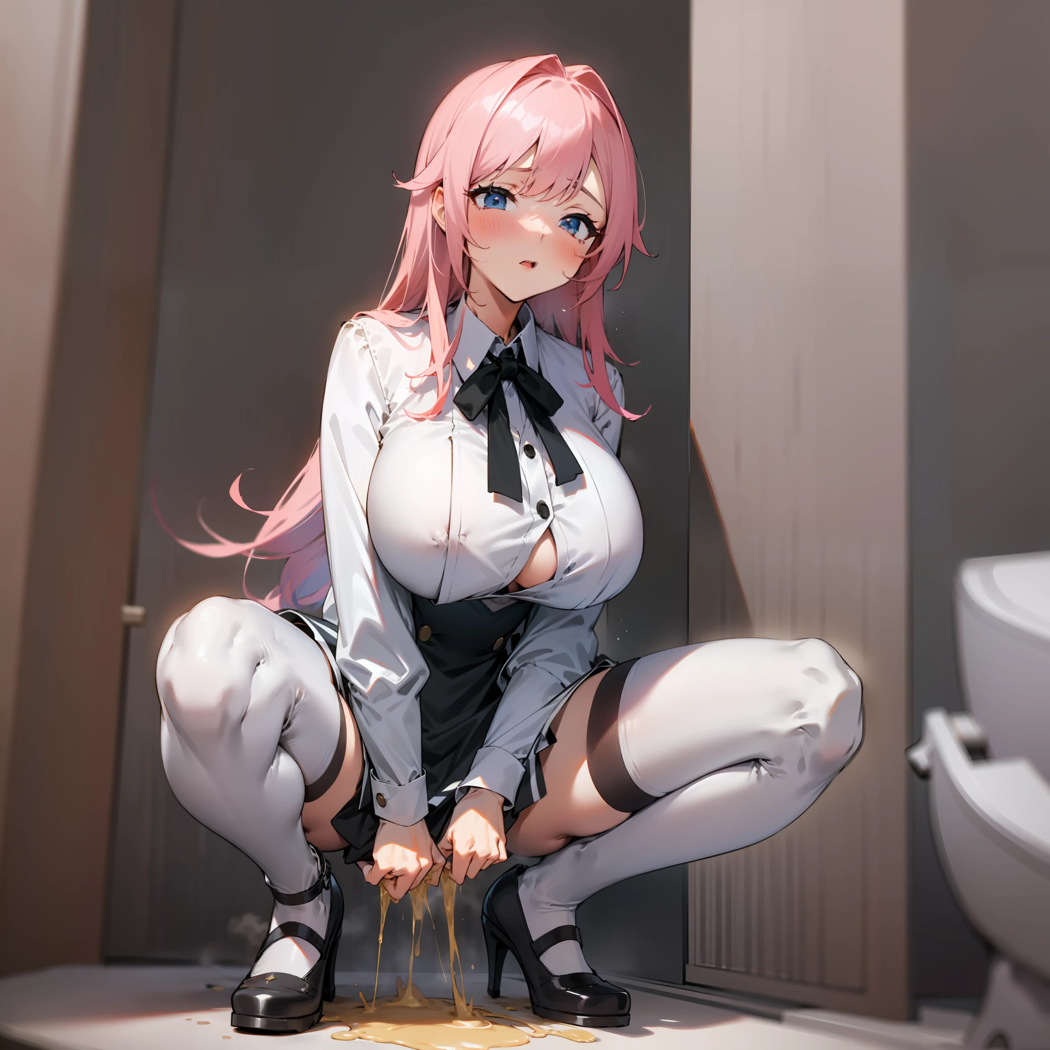 solo person,A female high school student,huge tit,spread their legs。Pee, white shirt,short skirt,huge boob,exposing her chest。squatting on the toilet bowl。black lence stockings,Pink hair ,white stockings,high-heels,The neck is chained。