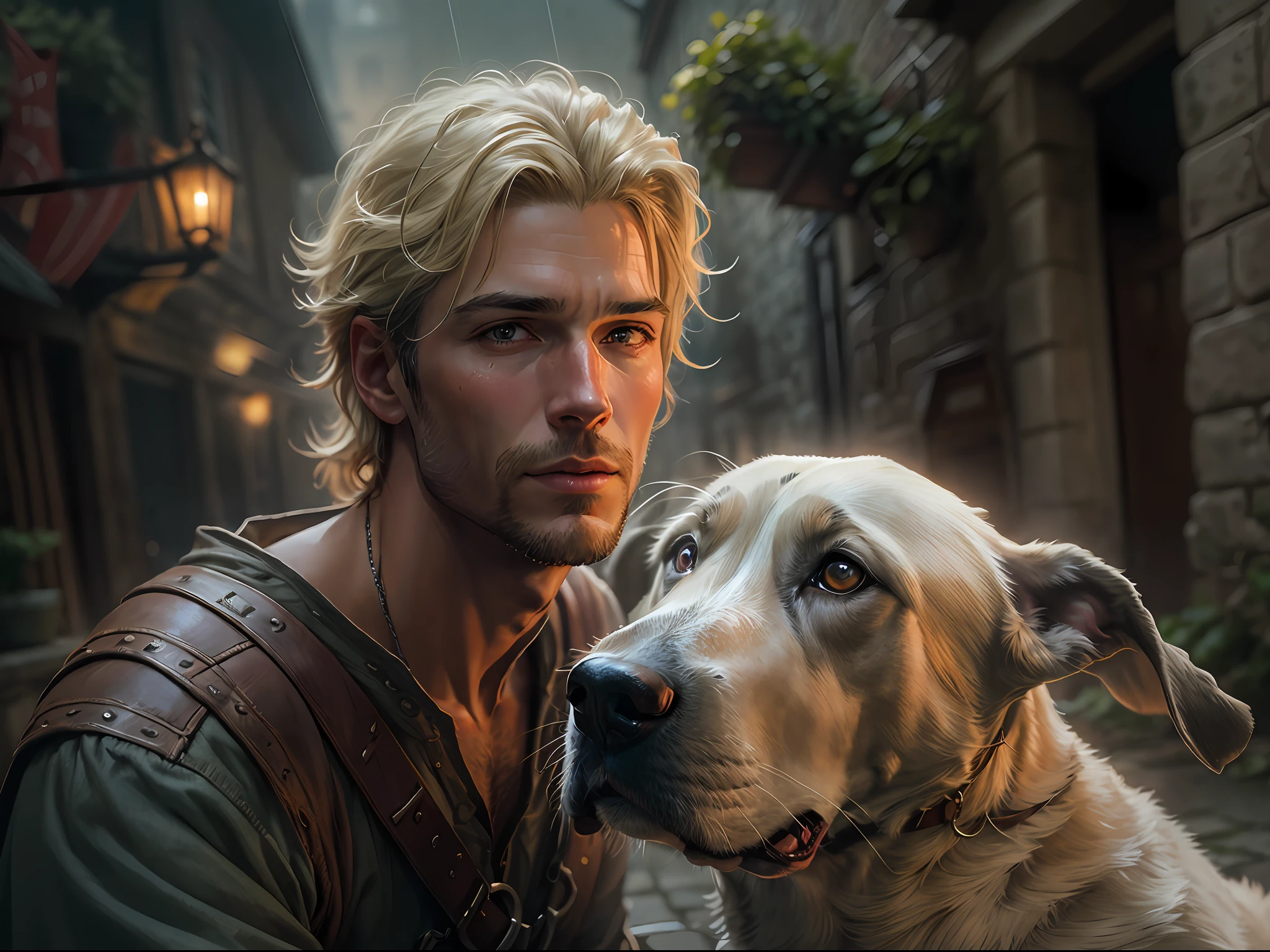 close up portrait of man, blond, king, playing with dog , great dane, medieval castle, alley, summer rain, face detailed, cinematic, highly detailed, studio lighting, professional, by greg rutkowski