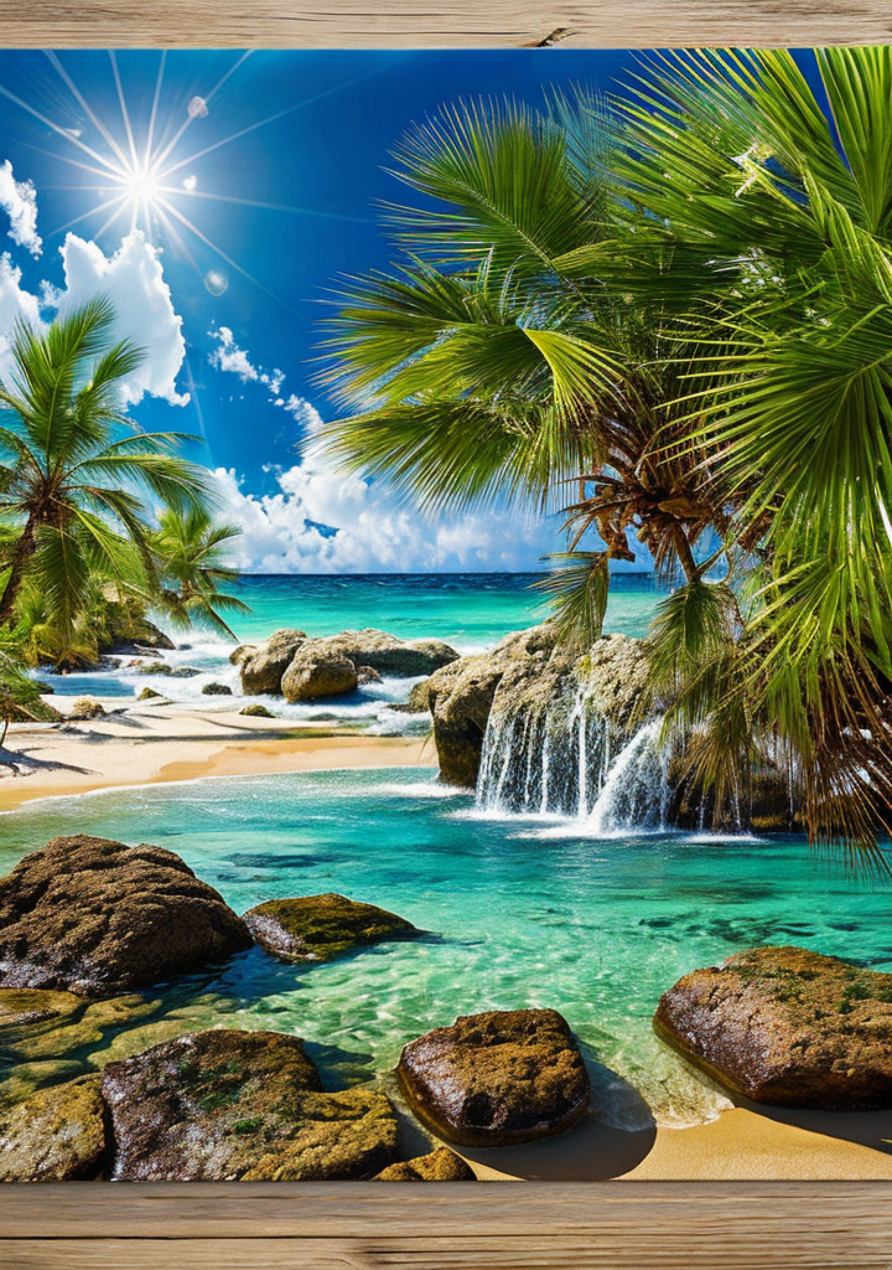 bela cena de praia com muita cor, high resolution, hyper realistic, Palmeiras, crystal water, sparkling water -