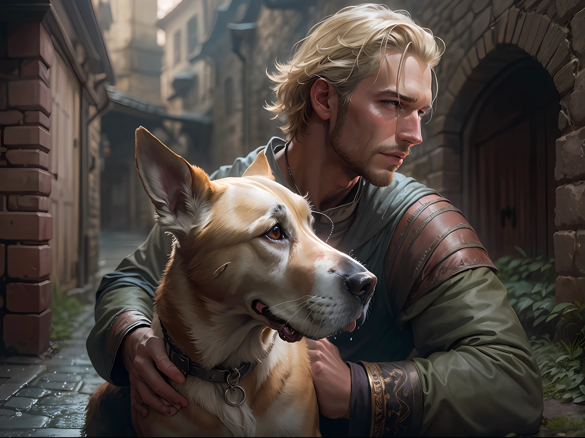 close up portrait of man, blond, king, playing with dog , great dane, medieval castle, alley, summer rain, face detailed, cinematic, highly detailed, studio lighting, professional, by greg rutkowski