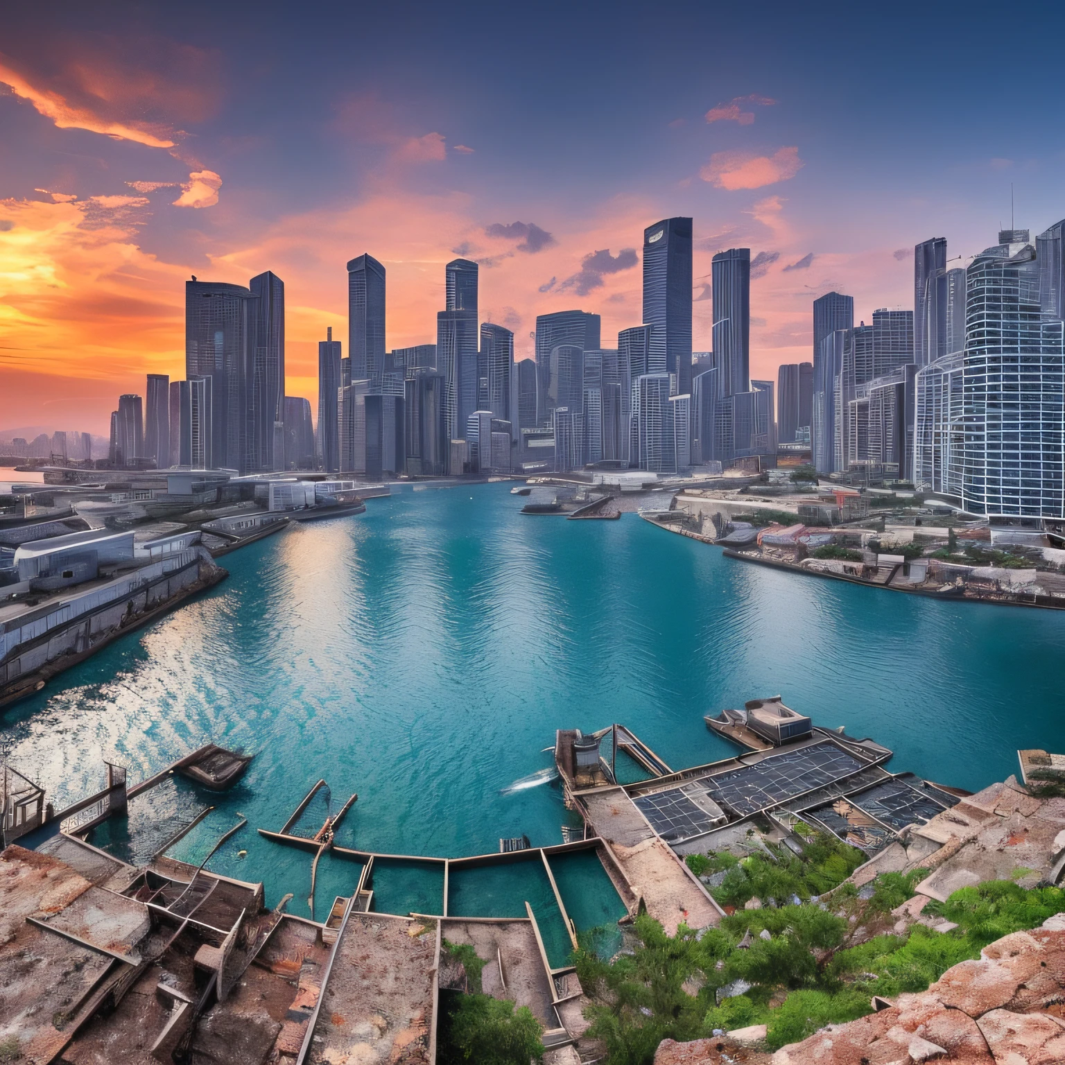 3D representation of a seaport, enormes revestimientos oxidados, Dramatic colour rendering, musgo, abandonado, roto, viejo, Accurate color rendering, Junta ejecutiva, sony A7 III, Sigma Art 85 mm f/1.4 DG HSM, Perfecto, underground scattering, Motor irreal, luz solar polvorienta, dystopian world