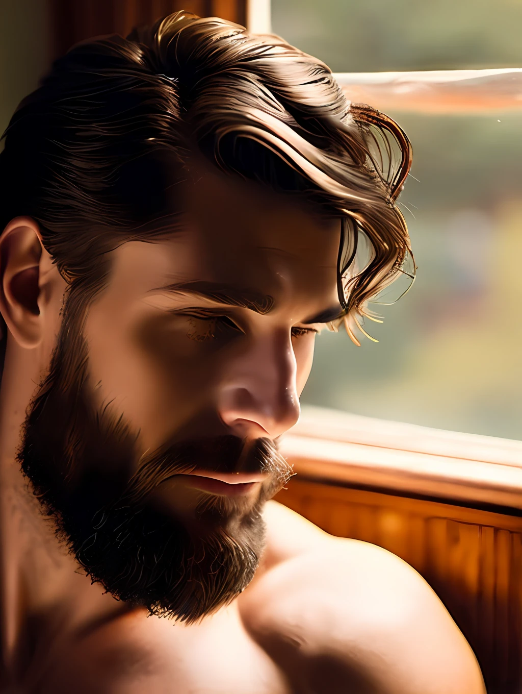 Crie um retrato ultradetalhado de um (((grande homem corpulento com uma barba estilo lenhador))), ((confortavelmente deitado)) em sua cama. The man exudes a sense of relaxation and contentment as he rests shirtless, usando shorts casuais. Your body is covered by a thick layer of hair, aumentando seu charme robusto.
Setting the scenery in a rustic and masculine room, with wooden furniture, tons quentes, and a touch of vintage décor. Sunlight streams through the window, gently illuminating the man's body and creating intricate patterns of light and shadow in the bed and surrounding elements.
Focus on capturing the smallest details of man's characteristics, from the strands of hair in his beard to the natural folds of his skin. Use ultra-high definition (UHD) techniques to enhance the richness of colors and textures, criando um retrato realista e imersivo.
The final work should exude a sense of comfort, masculinidade, e beleza crua, transporting viewers to the serene atmosphere of the rustic room and celebrating the natural allure of this laid-back, homem barbudo.