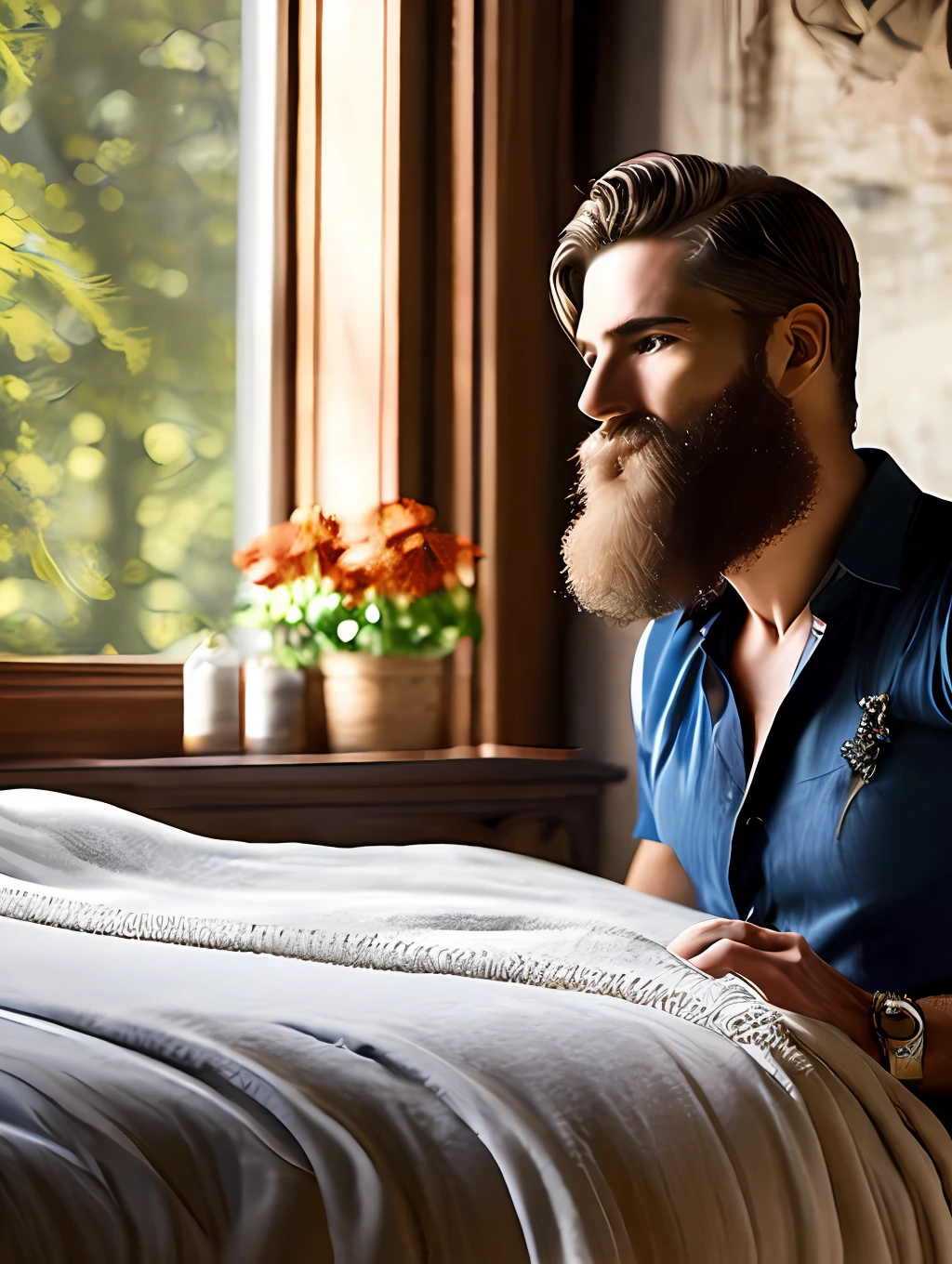 Crie um retrato ultradetalhado de um (((grande homem corpulento com uma barba estilo lenhador))), ((confortavelmente deitado)) em sua cama. The man exudes a sense of relaxation and contentment as he rests shirtless, usando shorts casuais. Your body is covered by a thick layer of hair, aumentando seu charme robusto.

Setting the scenery in a rustic and masculine room, with wooden furniture, tons quentes, and a touch of vintage décor. Sunlight streams through the window, gently illuminating the man's body and creating intricate patterns of light and shadow in the bed and surrounding elements.

Focus on capturing the smallest details of man's characteristics, from the strands of hair in his beard to the natural folds of his skin. Use ultra-high definition (UHD) techniques to enhance the richness of colors and textures, criando um retrato realista e imersivo.

The final work should exude a sense of comfort, masculinidade, e beleza crua, transporting viewers to the serene atmosphere of the rustic room and celebrating the natural allure of this laid-back, homem barbudo.