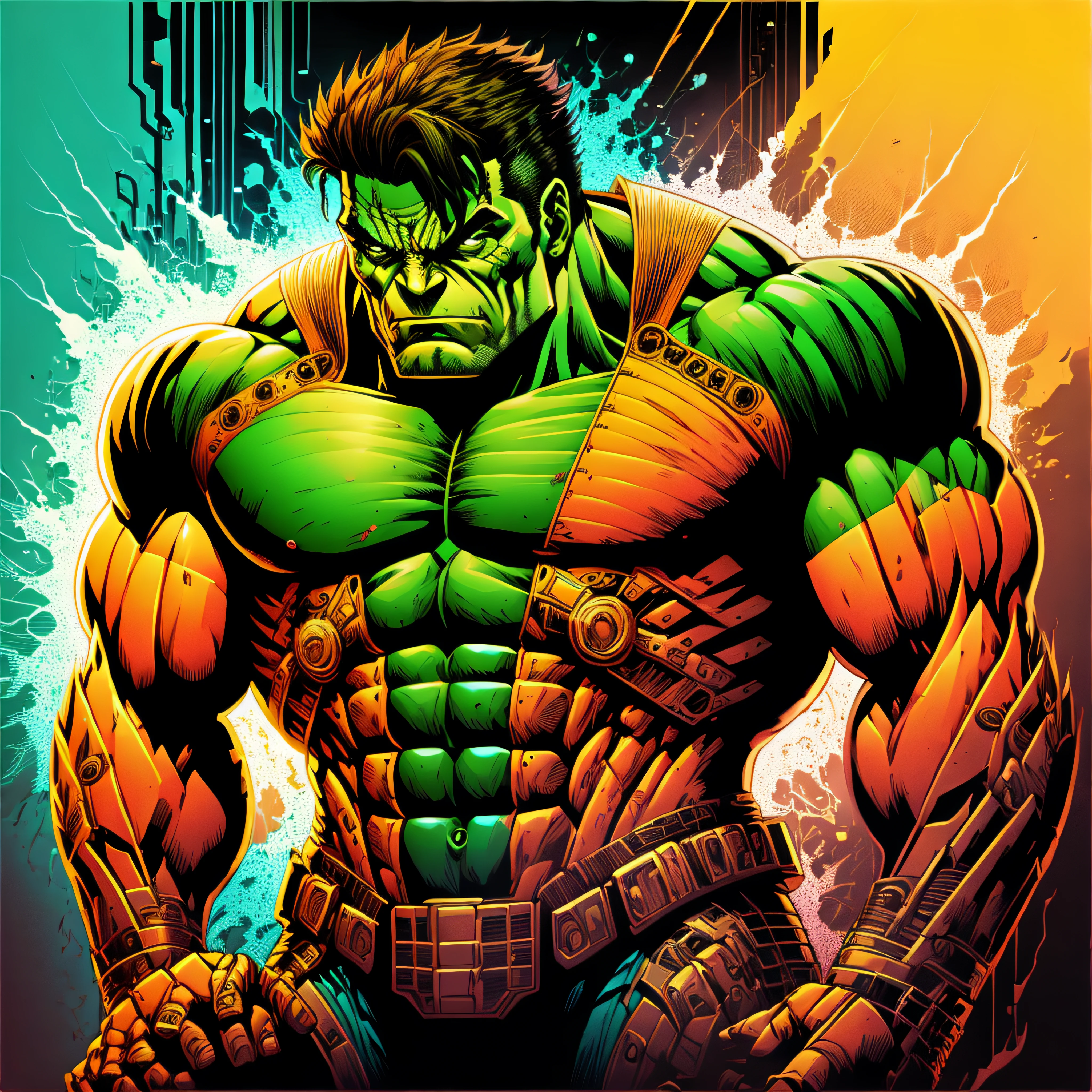 hulk da marvel ciber punk futurista, Marvel's unique and imposing style, with mechanical joints, cyborg, Advanced cybernetic elements, paisagem futurista vibrante, Intense neon colors for wall paper with robotic baking --auto