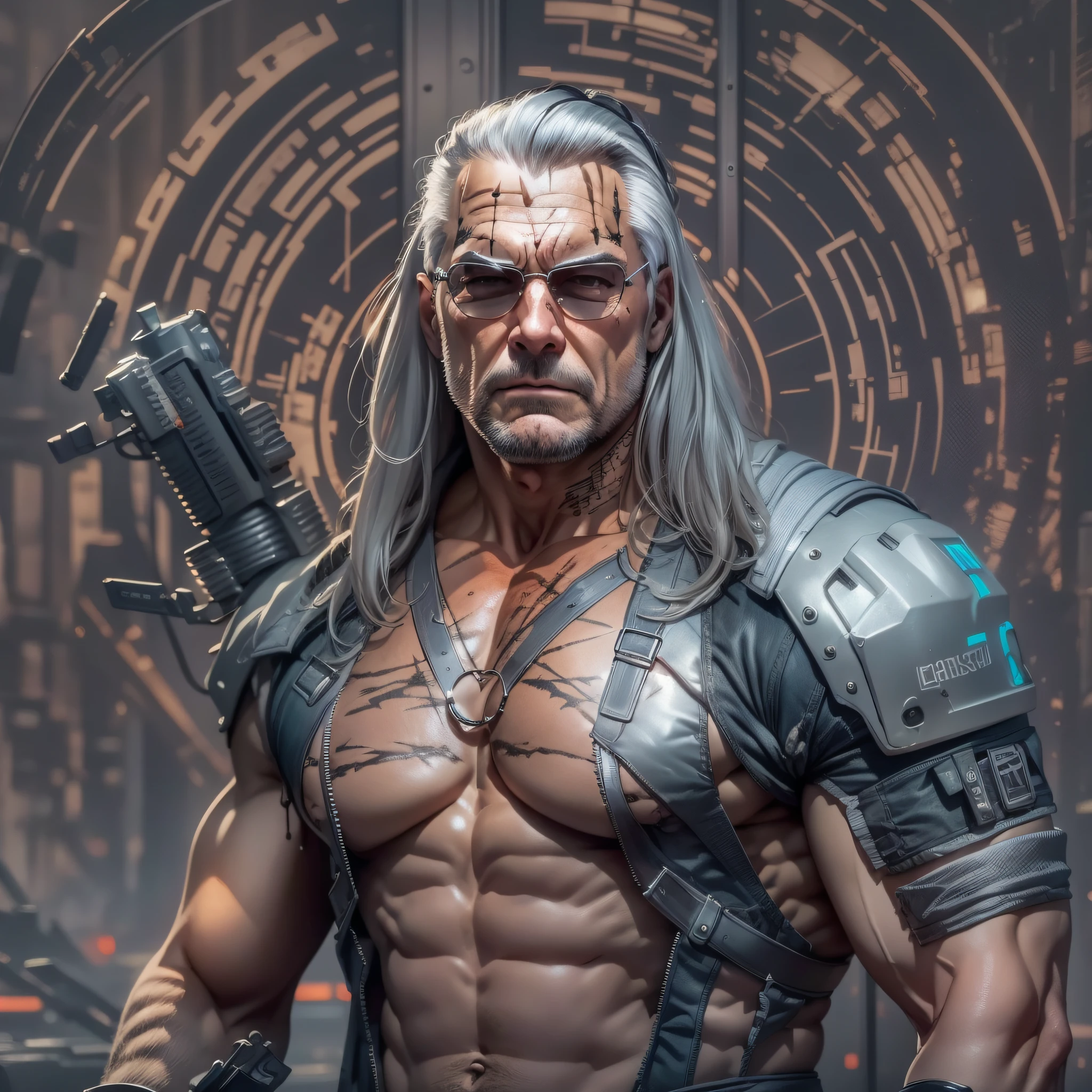 masterpiece, best quality, bolsonaro, wearing cyberpunk costume, very muscular, athletic, huge, gray hair, gray hair, scars, warrior, barbarian, sfw, 55 years old, futuristic dystopia