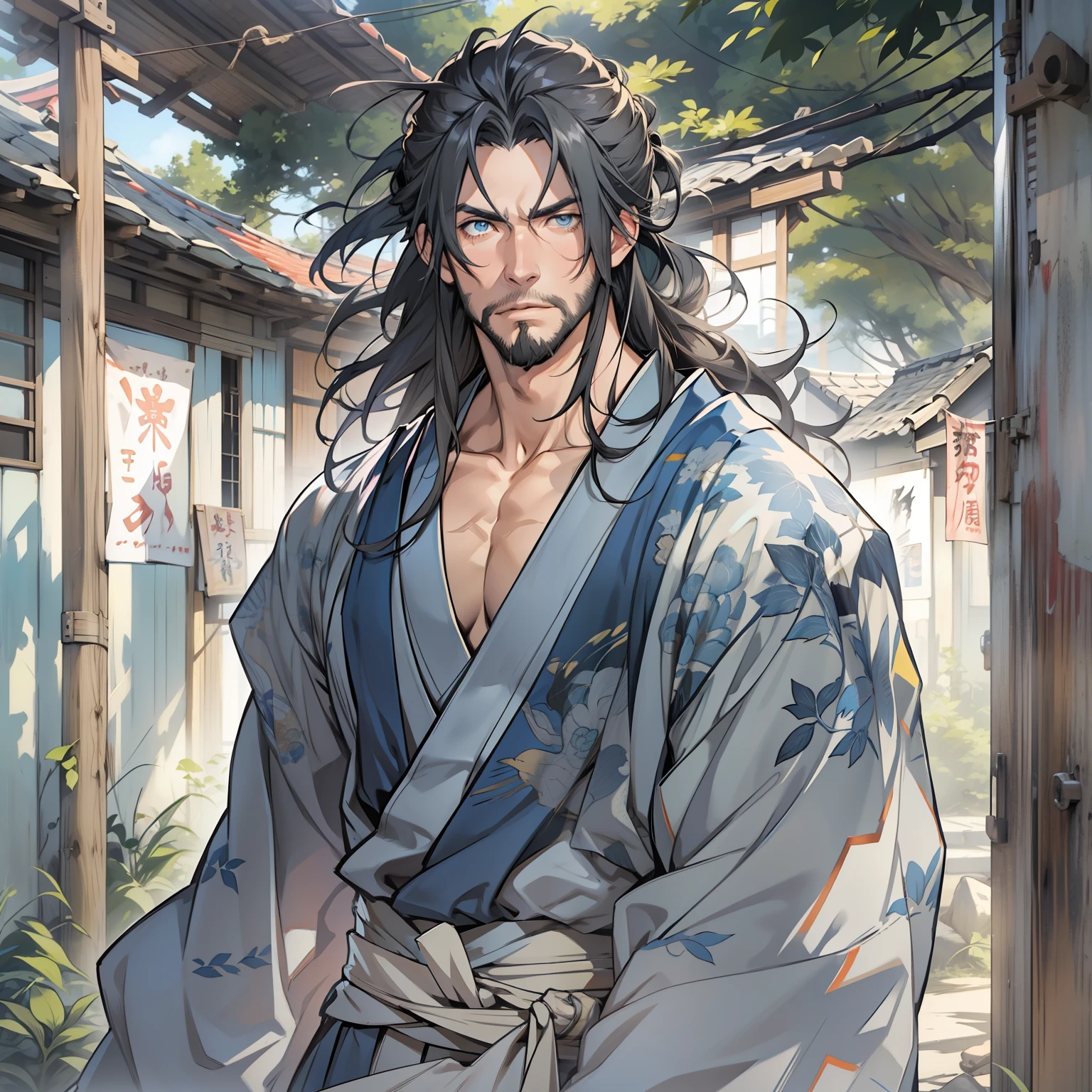 anime image of a man with gray black hair, long flowing messy hair, hair up to shoulders, stubble, beard, blue eyes, very dark circles under eyes, visible lack of sleep, visibly exhausted, muscular build, 1man, solo man, young adult, name of the character is chad, male anime character, close up head shot, traditional japanese clothing, rugged torn white clothing , in an abandoned japanese village