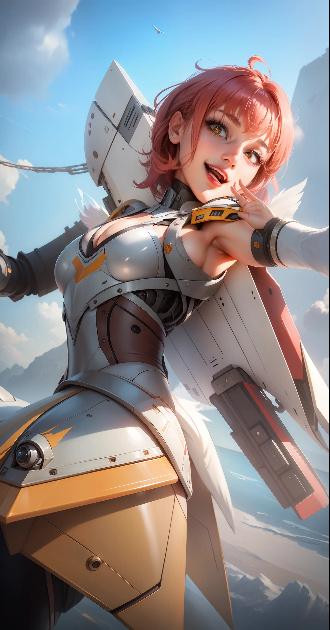 Girls with pink short hair, brown eyes, red lips, opened mouth,smile, Happy expressions,seeing up, wearing robotic armor, huge Weapon on her back, big breast, Best quality, masterpiece, 8k wallpaper, realistic, futuristic girl, shining effect, high resolution,