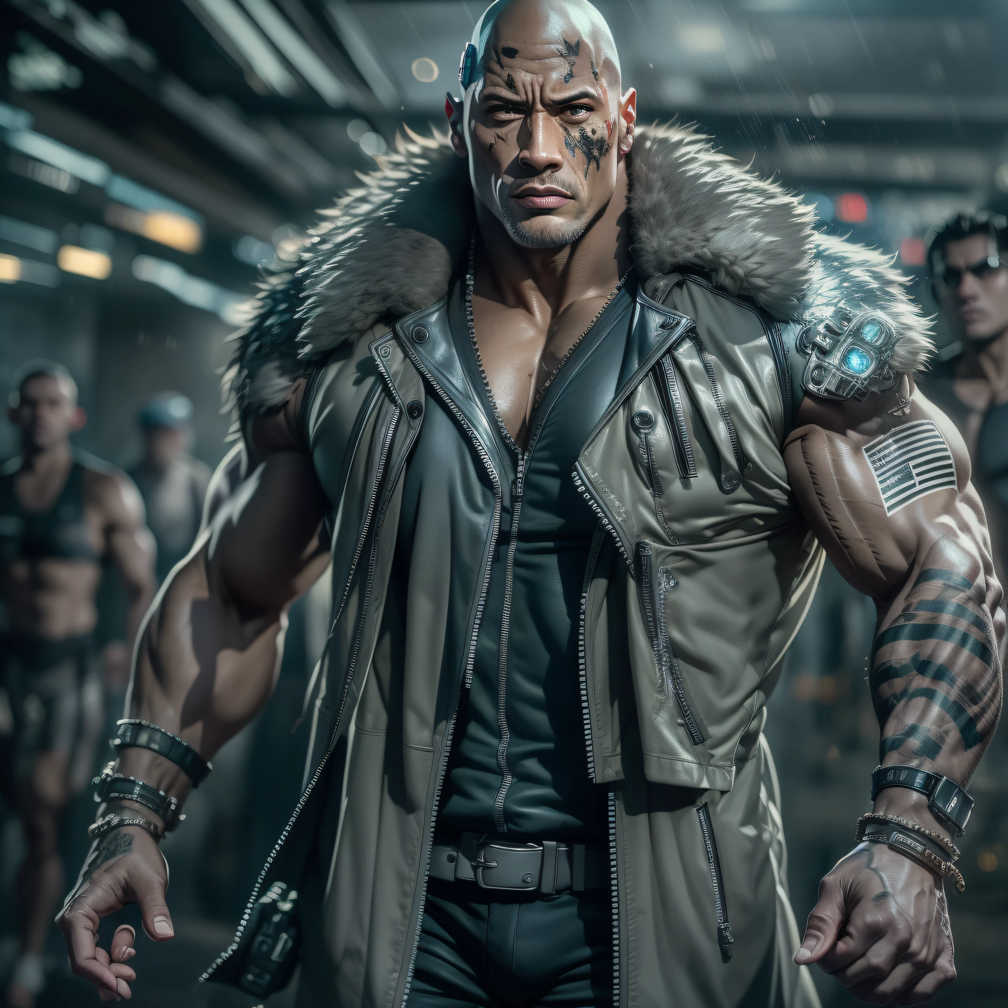 masterpiece, best quality, Dwayne Johnson, wearing cyberpunk costume, very muscular, athletic, huge, gray hair, gray hair, scars, warrior, barbarian, sfw, 55 years old, futuristic dystopia