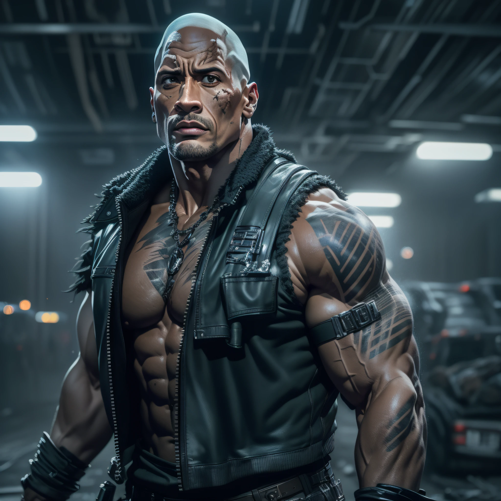 masterpiece, best quality, Dwayne Johnson, wearing cyberpunk costume, very muscular, athletic, huge, gray hair, gray hair, scars, warrior, barbarian, sfw, 55 years old, futuristic dystopia