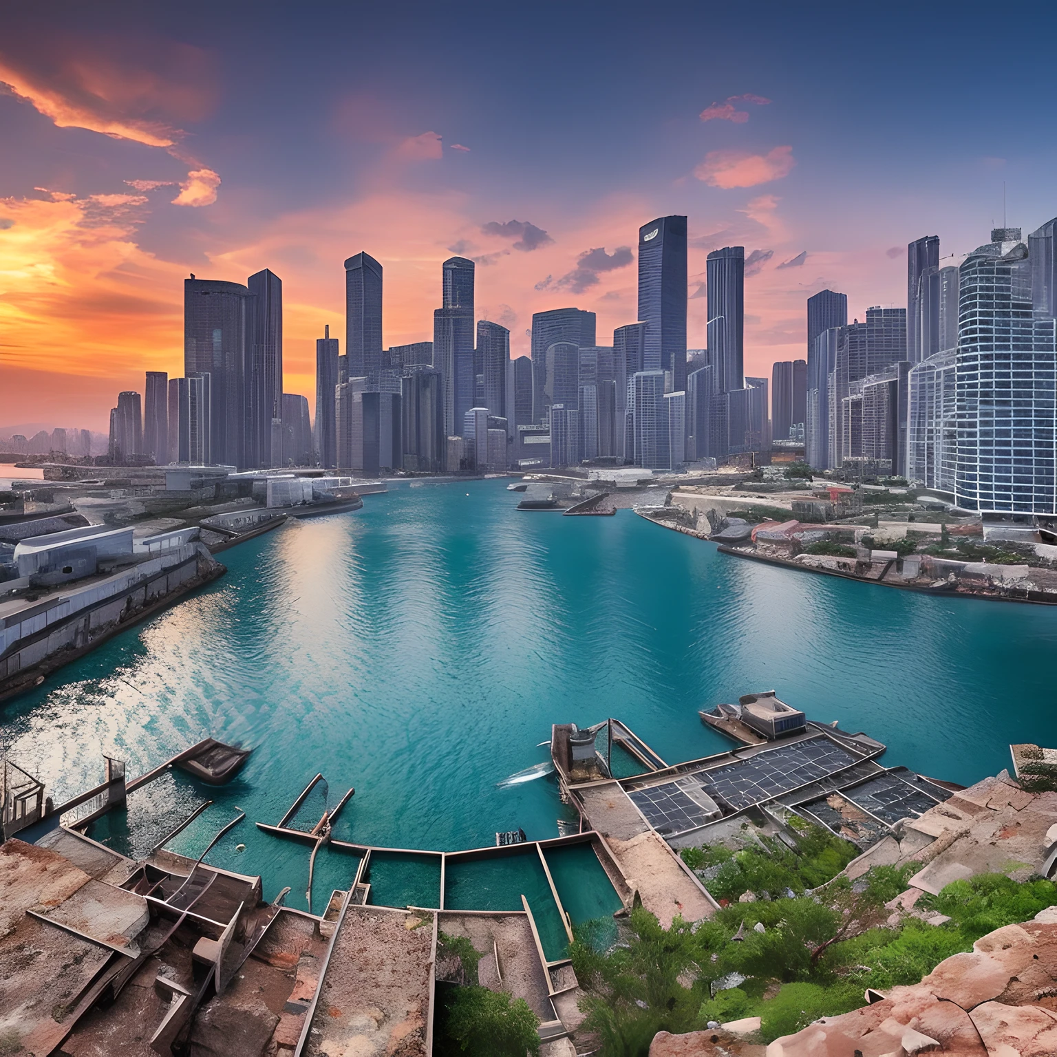3D representation of a seaport, enormes revestimientos oxidados, Dramatic colour rendering, musgo, abandonado, roto, viejo, Accurate color rendering, Junta ejecutiva, sony A7 III, Sigma Art 85 mm f/1.4 DG HSM, Perfecto, underground scattering, Motor irreal, luz solar polvorienta, dystopian world