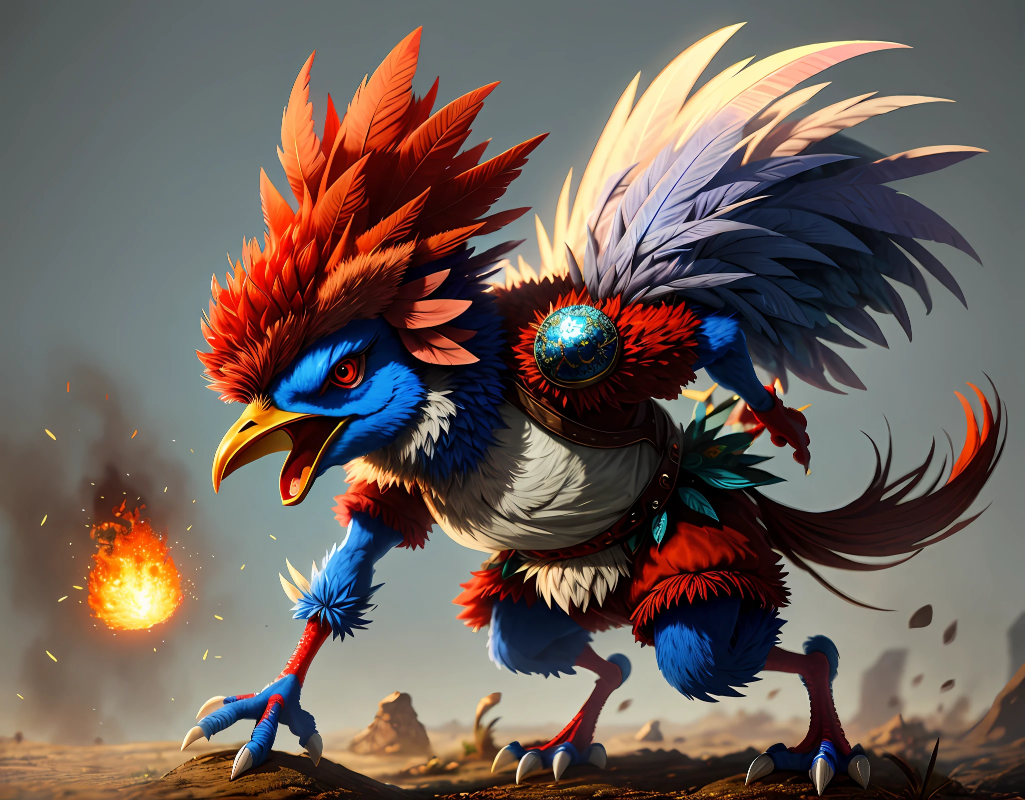 Bipedal creature resembling a rooster, blue-grey spiked mushroom cap on head, white feathers and red face, very angry and going berserk, masterpiece, best quality