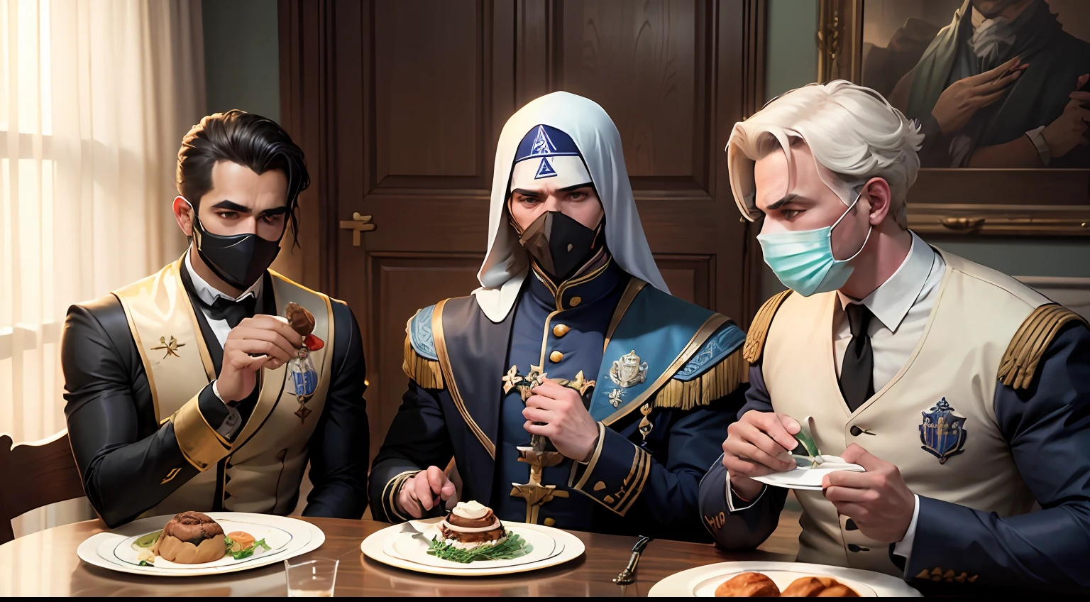 Three men in masks sit at the table with a plate of food, por Pedreiros Keos, inspirado em Cedric Seaut (Pedreiros Keos), freemasons, Sociedade Secreta do Imperador, alta qualidade de imagem, figuras vestidas sentavam-se ao redor de uma mesa, masonic, em vestes escuras com detalhes dourados, In hoc signo vinces, inspirado em Pedreiros Keos, foto de um espectador --auto