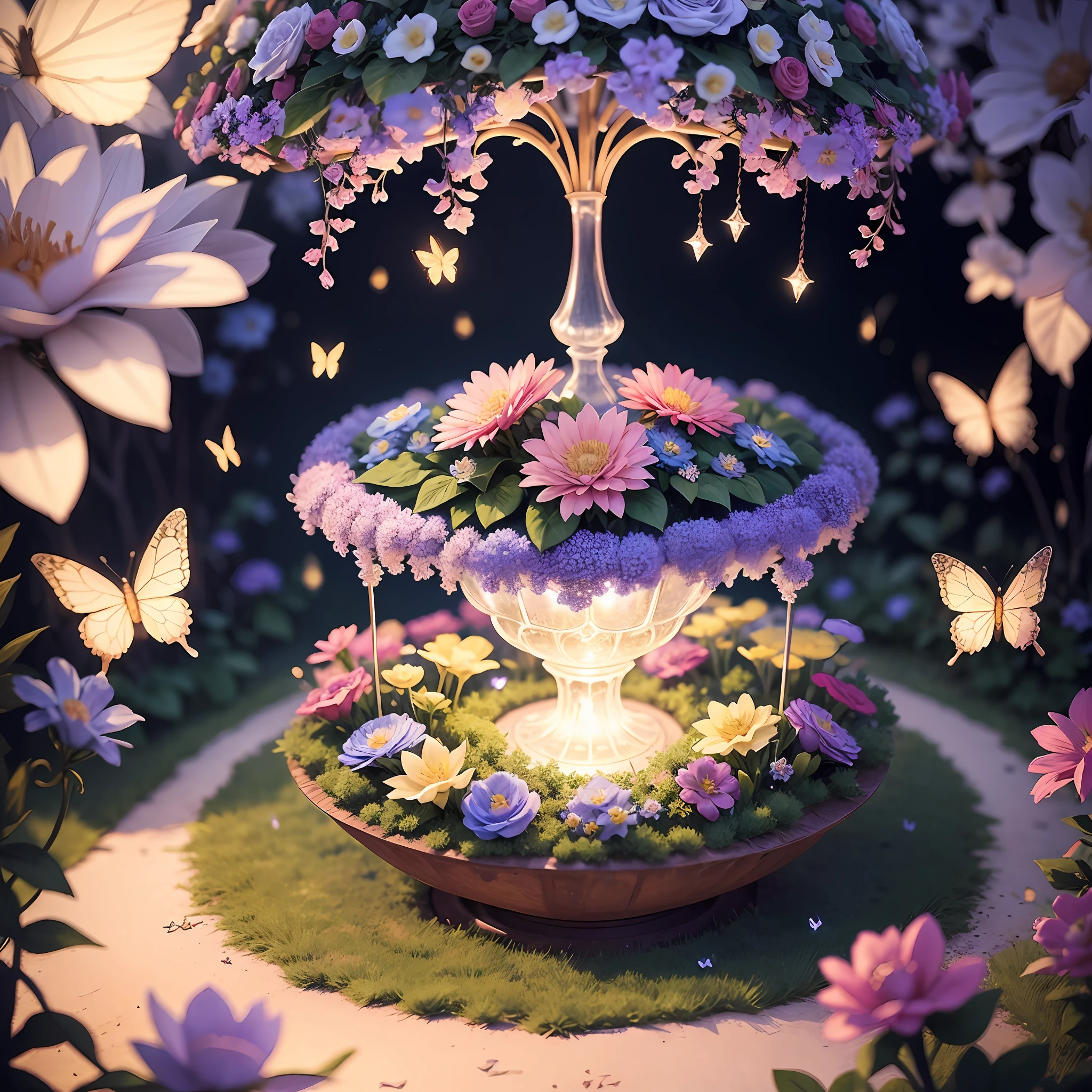 enchanted garden with flowers and crystal butterflies, in the center delicate miniatures, with bright lighting in a magical atmosphere, decorated with many flowers --auto