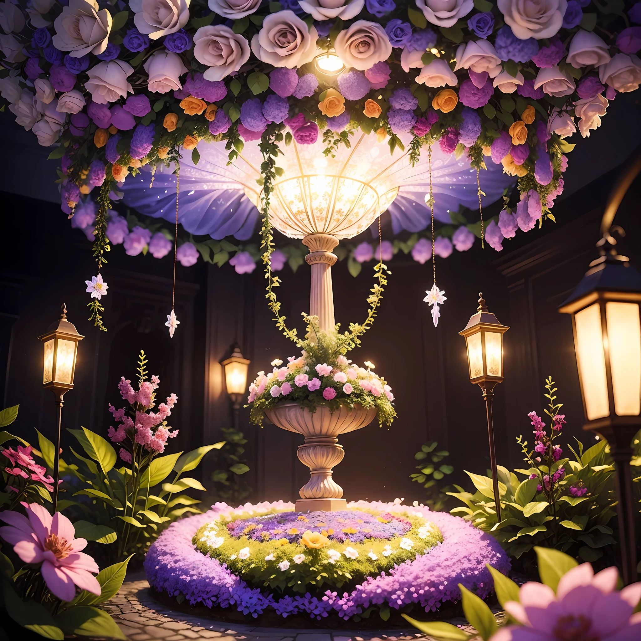 enchanted garden with flowers and crystal butterflies, in the center delicate miniatures, with bright lighting in a magical atmosphere, decorated with many flowers --auto