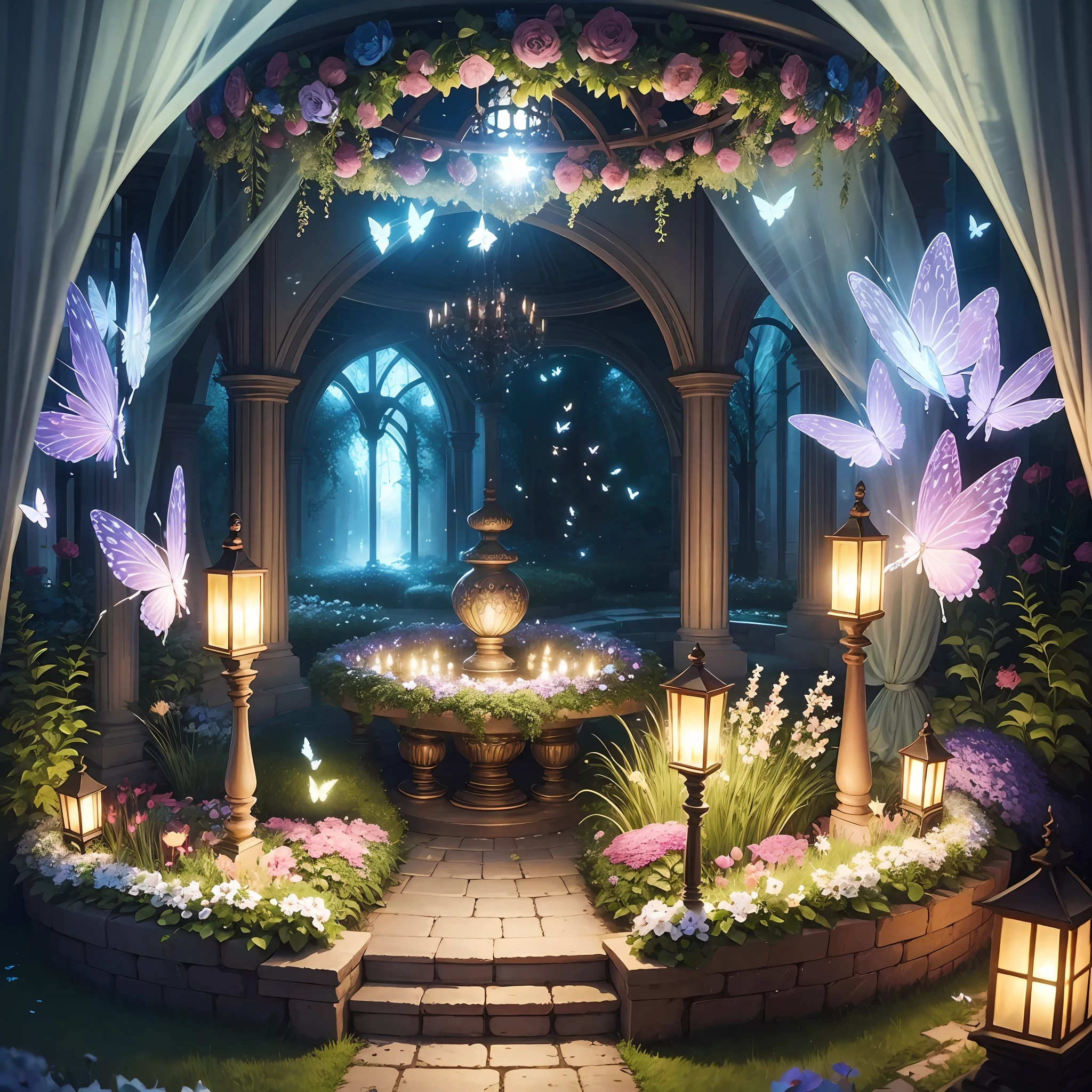 enchanted garden with flowers and crystal butterflies, in the center delicate miniatures, with bright lighting in a magical atmosphere, decorated with many flowers --auto