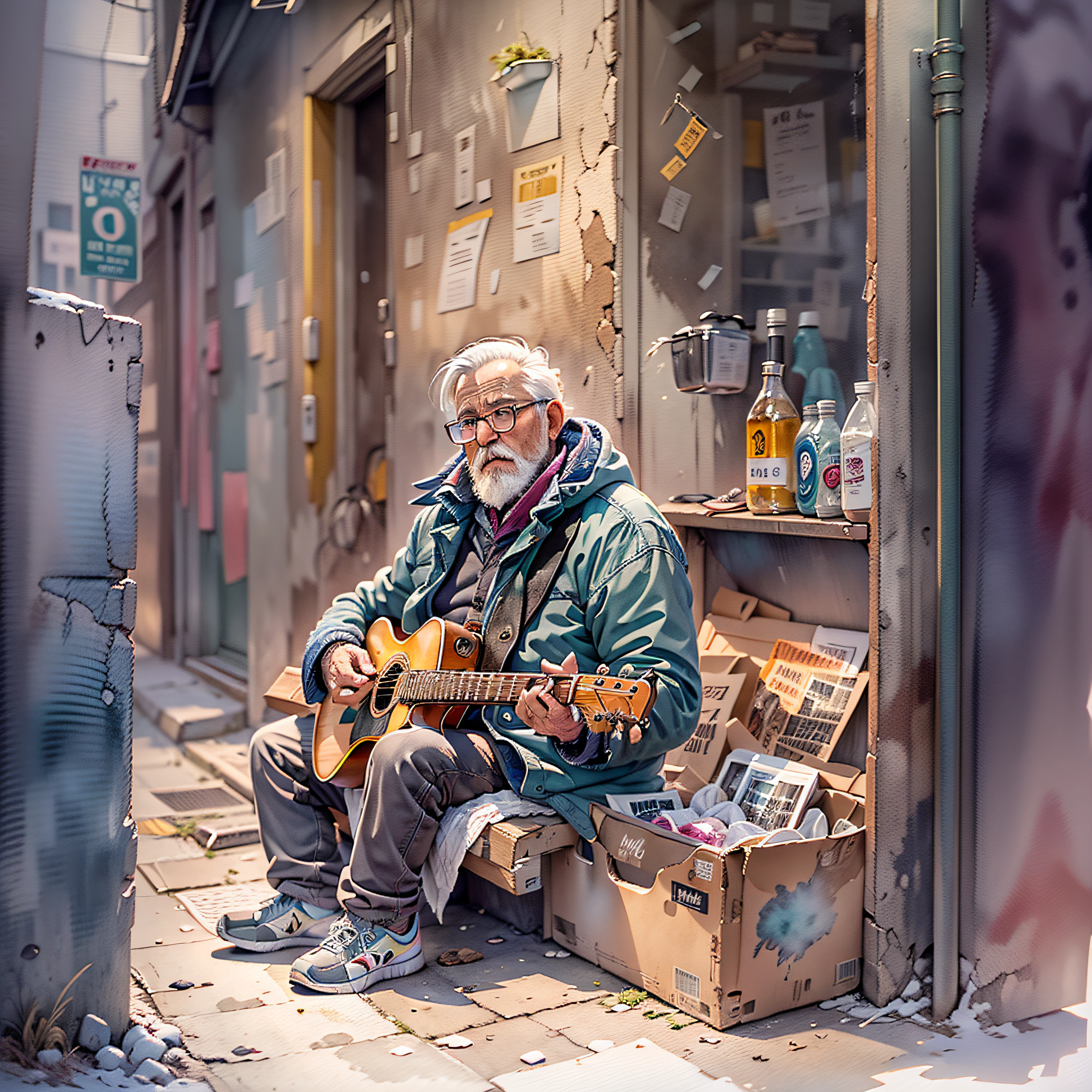 ((cuerpo completo))) (((acuarela Ghibli))), 60-year-old man with winter clothing glasses and short white beard, tocar la guitarra, sitting in a drawer, in a dark alley of the city, baja luz, 32 mil,