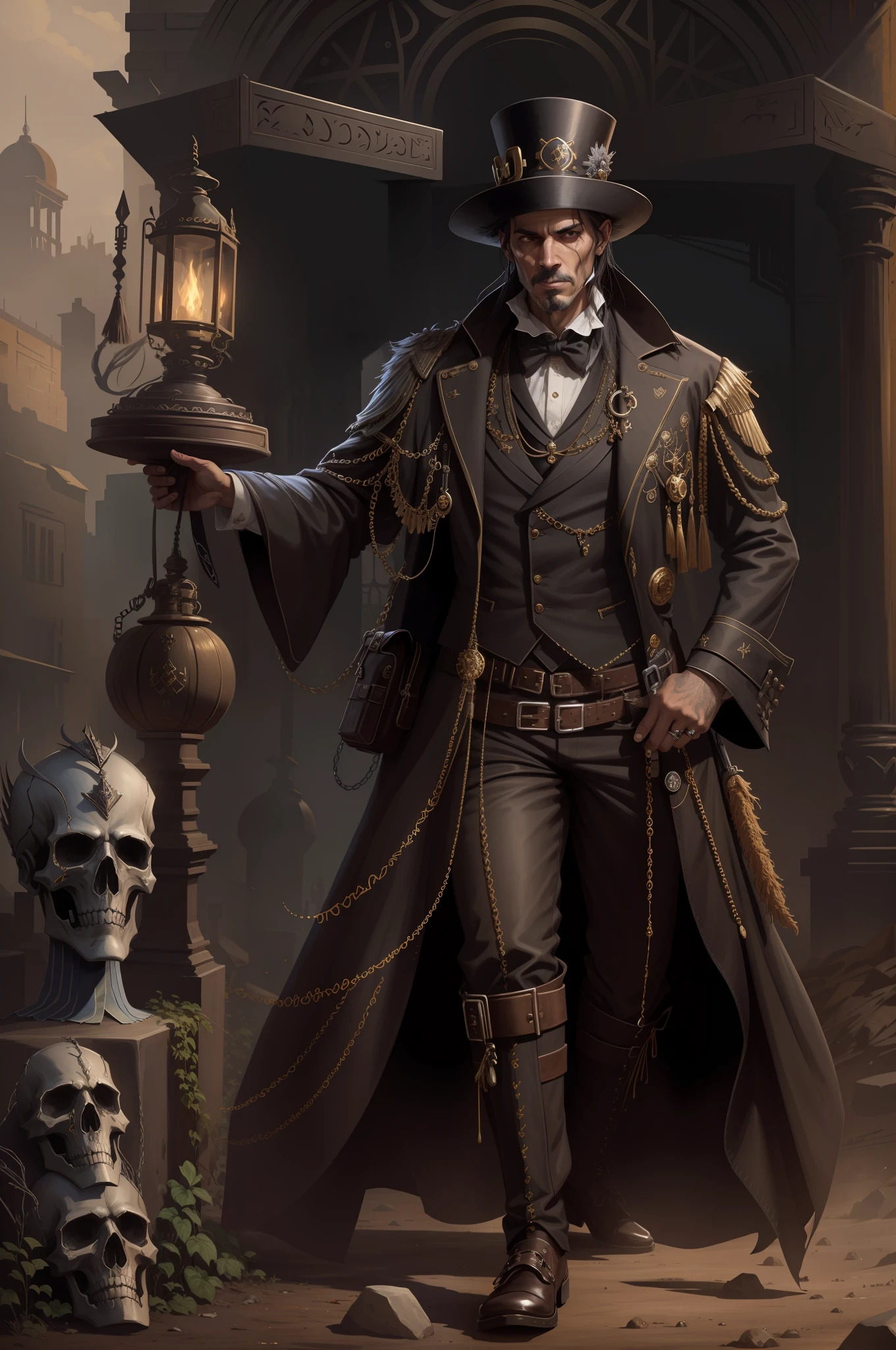There is a man in a top hat and coat standing in front of a building, portrait of a bloodborne hunter, Retrato do velho necromante, Retrato de um necromante, arte steampunk de alta qualidade, Retrato de um necromante sagrado, Retrato do Necromante, an undead desert lich pharaoh, Esqueleto Cowboy