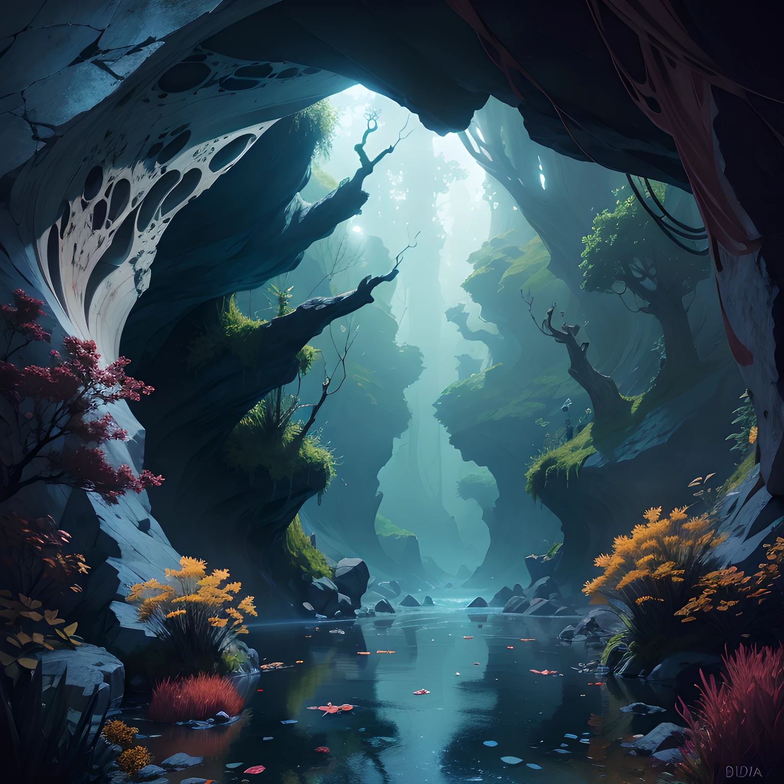 Technical illustration, dense forest, landscape of a Trendy Graceful Portal from inside of a Underwater Canyon, at Overcast, Crying, Swirling Azure, de dia los muertos, colorful, vivid colors, best quality, absurdres, highest quality, amazing details, 8k