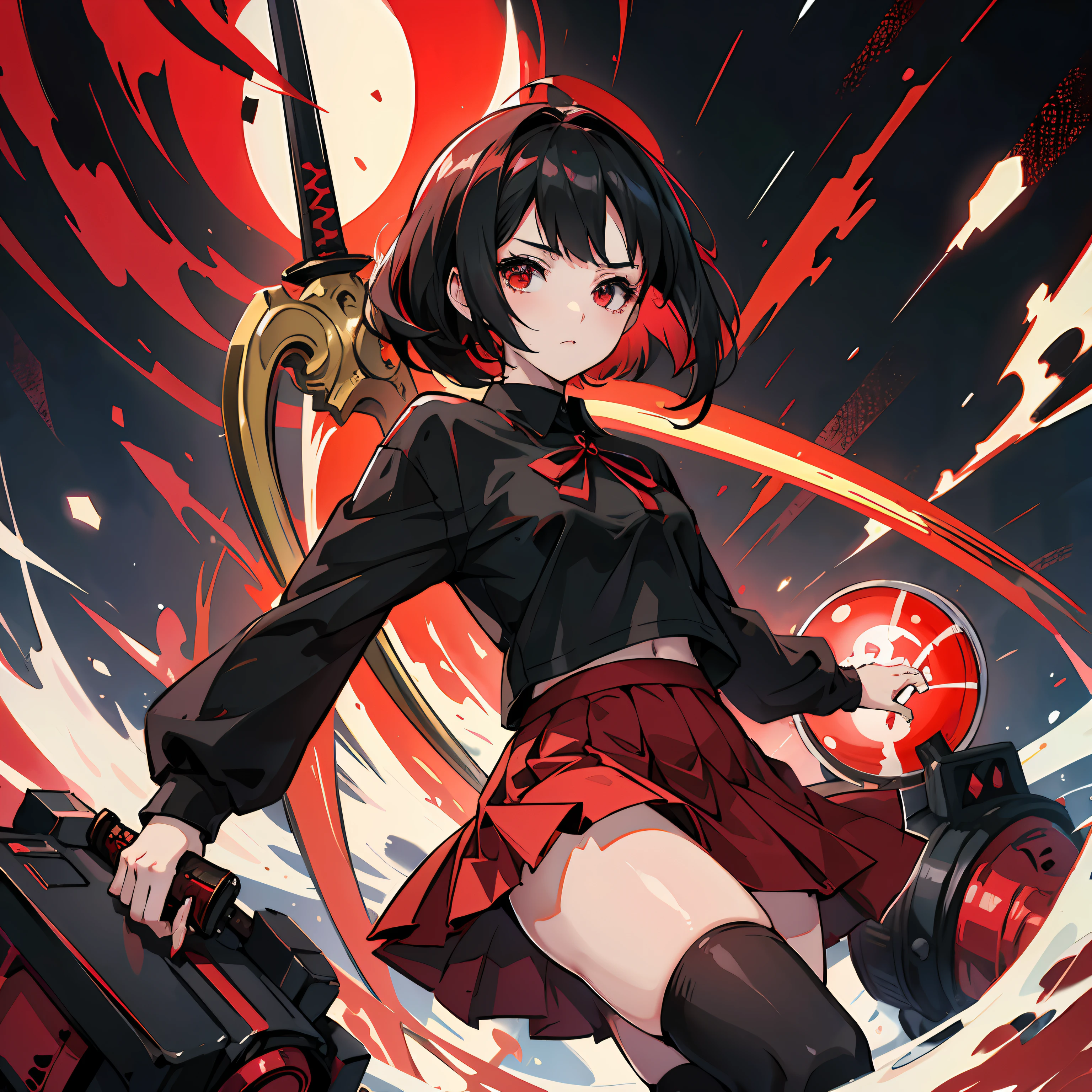 anime, raytracing, anime girl, high quality, cute, teen, gothic, black shirt with red, red skirt with black, with a sword --auto