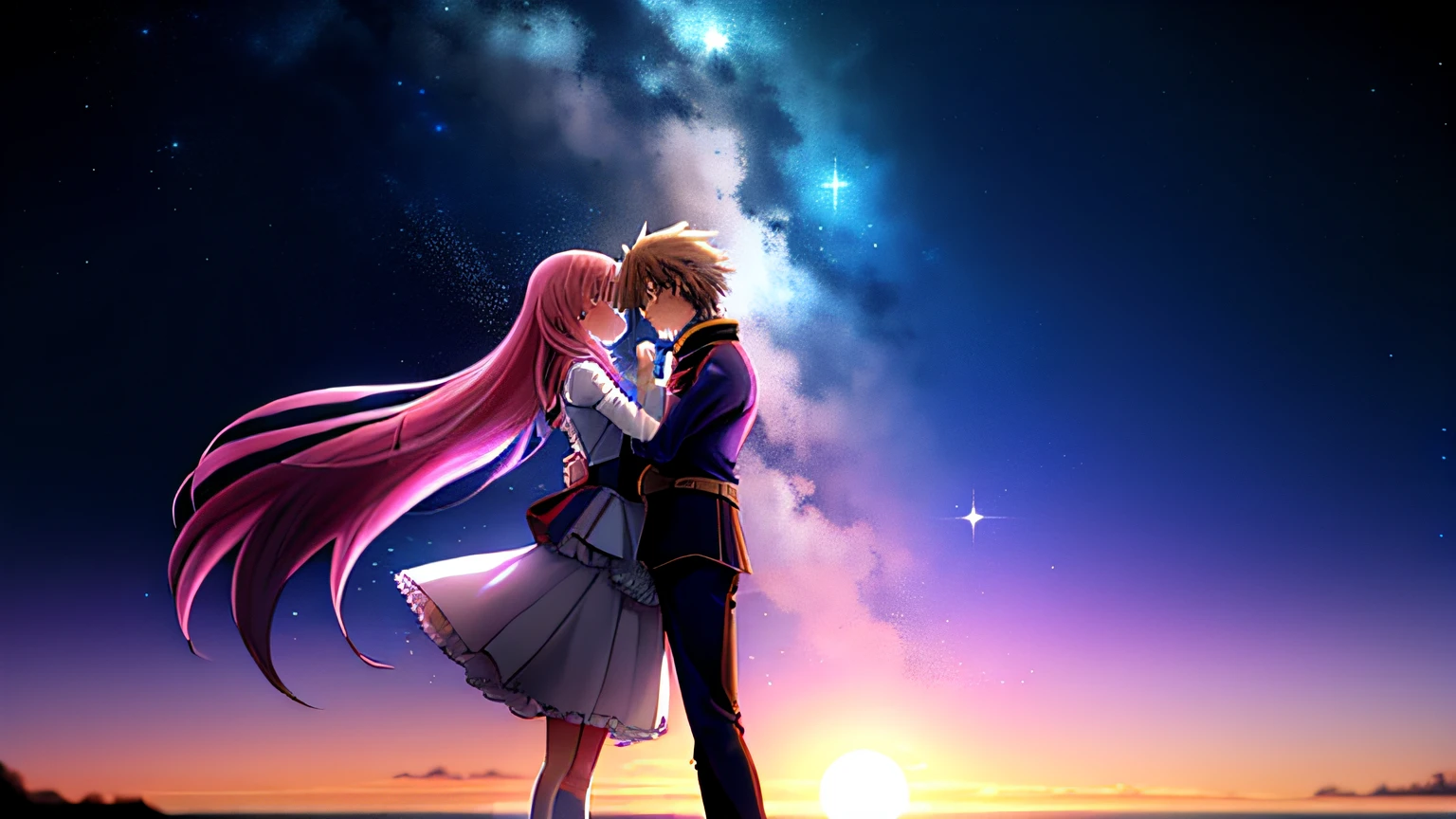Casal de anime se beijando na frente de uma lua cheia, shoujo romance, ethereal anime, daytime ethereal anime, Tempo de Ouro, Anime bonito, destino / noite de estadia, Starry sky!!, estrela(heaven) estrelado_heaven, Anime Wallaper, anime bela cena de paz, Love is infinite, ( ( Massa Amane # ) ), Fate Stay Night, halo luminoso