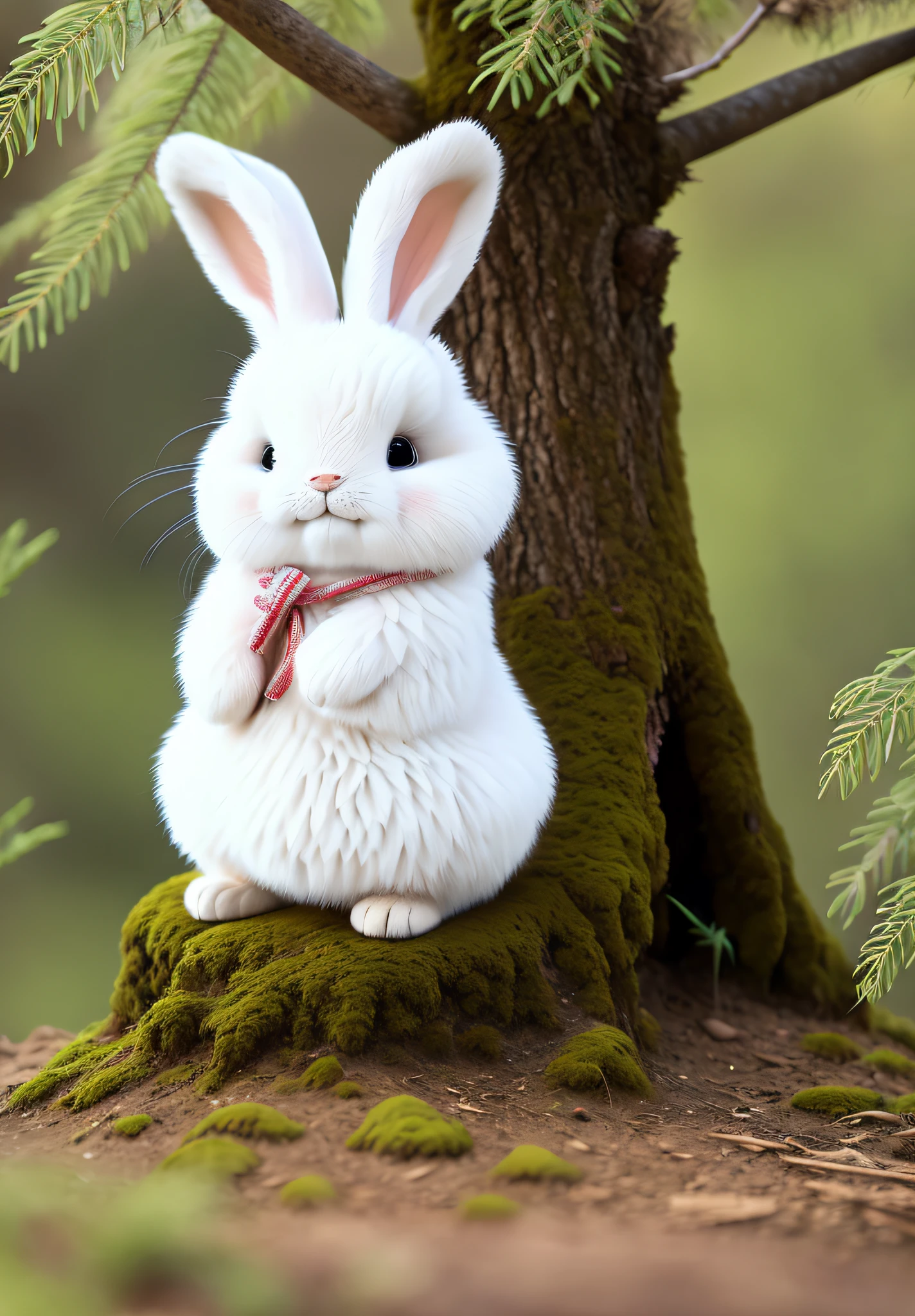 Fluffy rabbit sitting at the base of a tree in the middle of the mountain