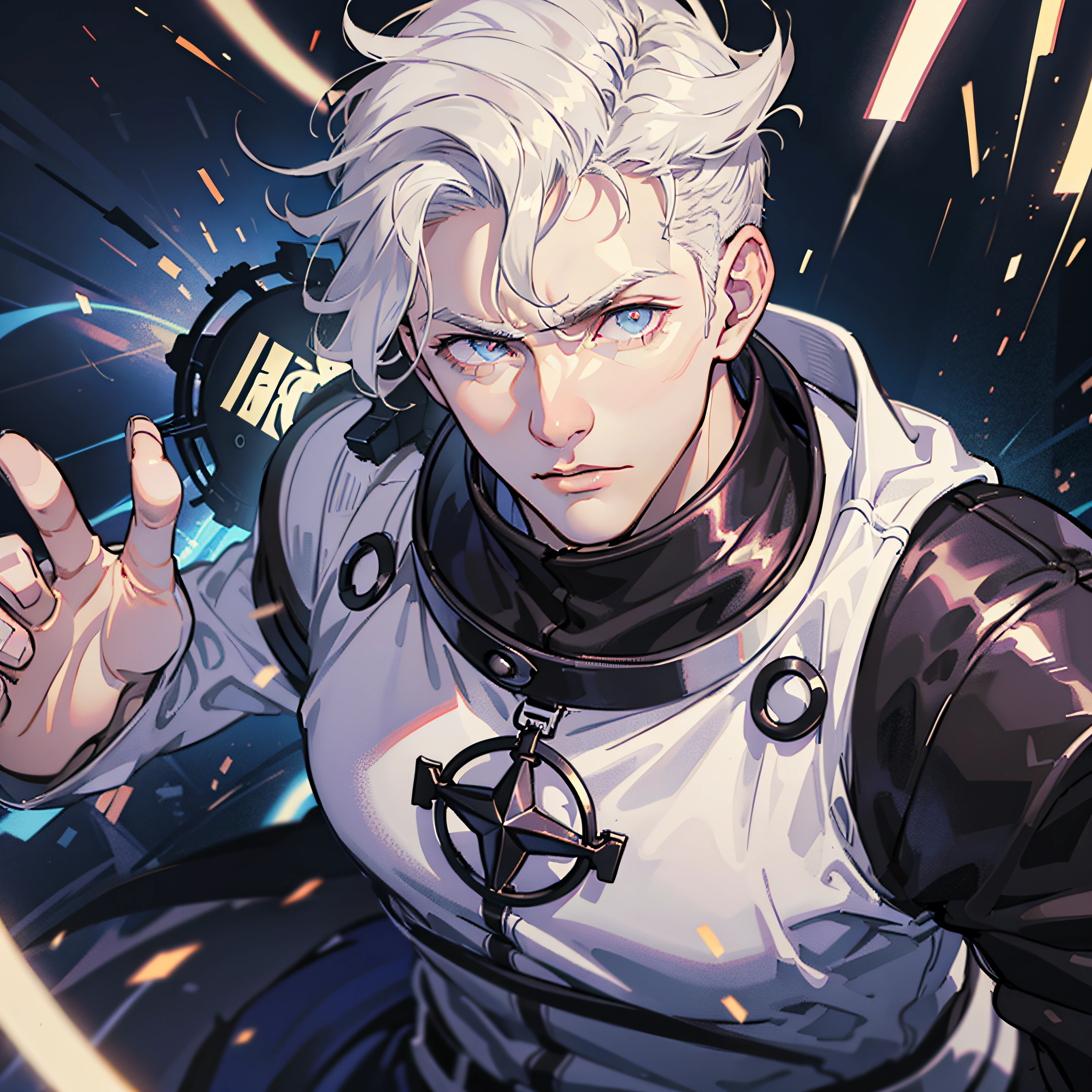 masterpiece, best quality, 1 male, adult, handsome, tall athletic guy, broad shoulders, finely detailed eyes and detailed face, extremely detailed CG unity 8k wallpaper, intricate details, intricate details, very short white hair, undercut, grunge, serious expression, big arms, dark, old leather jacket, white t-shirt, medieval dark leg armor pants, neon motion stream, glowing lights, bright white energy streams of lights, rim lighting, sf, Apocalypse, from above, depth of field