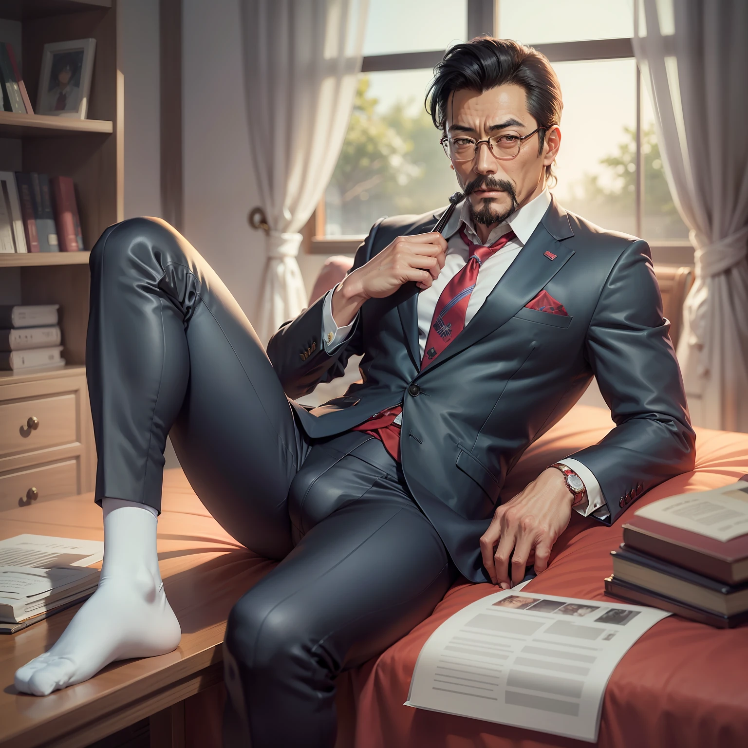 45 yers old,Kogoro Mouri,Business suit,Tong,Bulge,onbed,black long socks,lbeard,fortitude,artwork of a,tmasterpiece,k hd,an look of enjoyment,Be red in the face