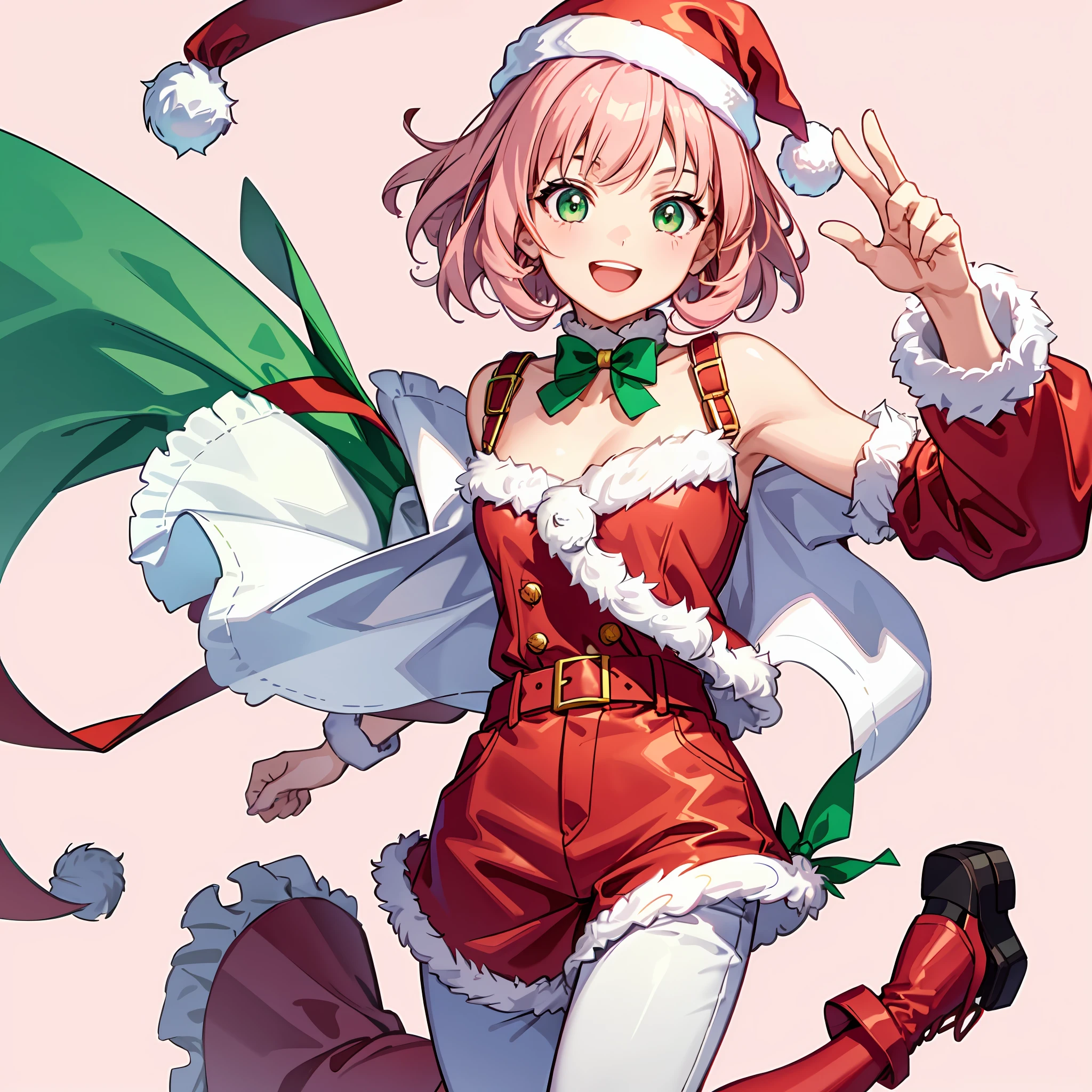 one girl wearing santa outfit, green eyes, light pink hair, curly short hair, full body outfit, (pants), christmas background, happy smile, mouth open