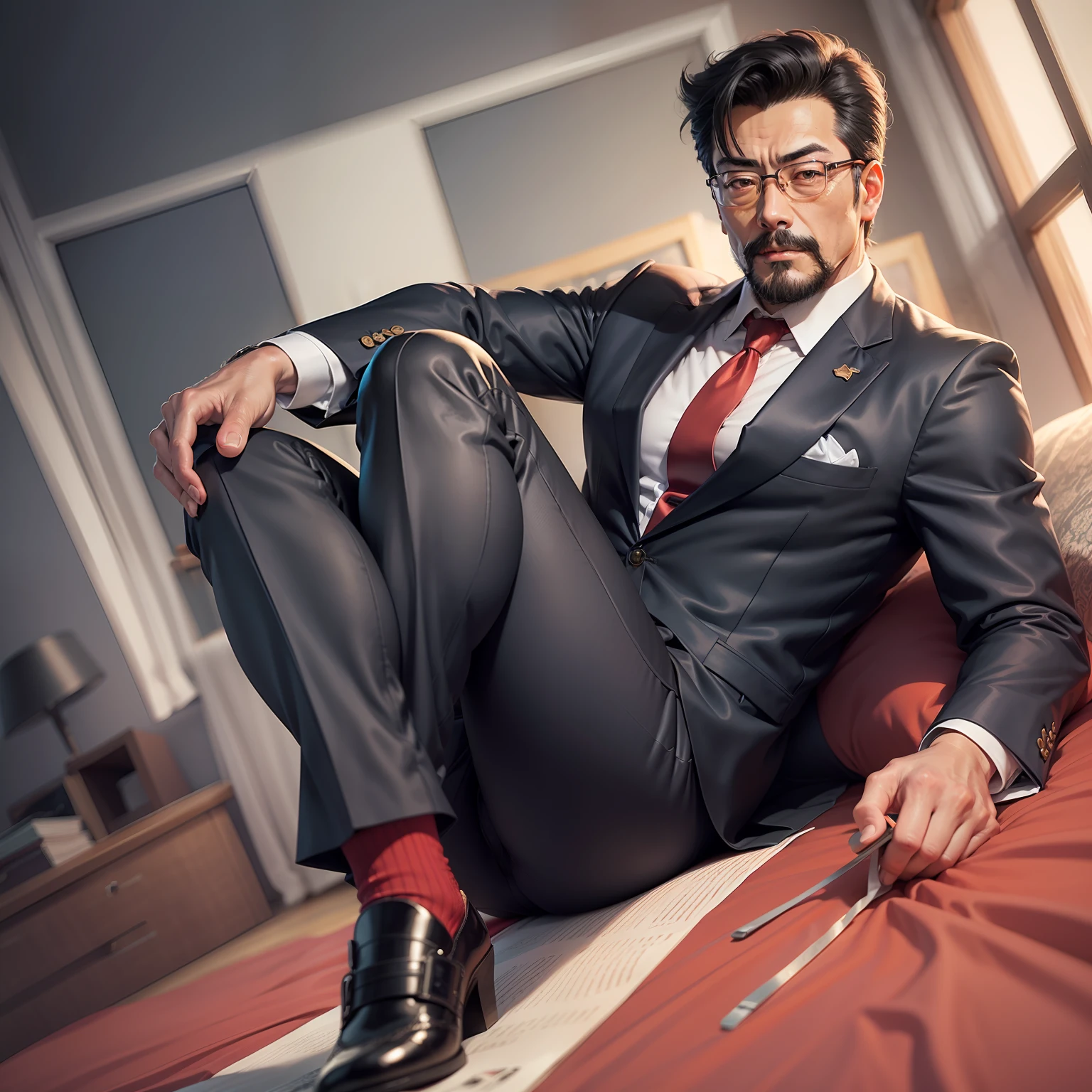 45 yers old,Kogoro Mouri,Business suit,Tong,Bulge,onbed,black long socks,lbeard,fortitude,artwork of a,tmasterpiece,k hd,an look of enjoyment,Be red in the face