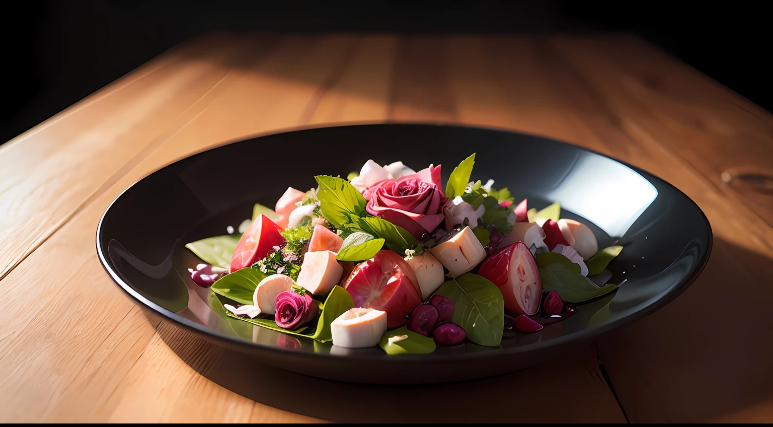A plate of rose salad, colorful, yang08k, photography, beautiful, black background, masterpieces, top quality, best quality, official art, beautiful and aesthetic, realistic,