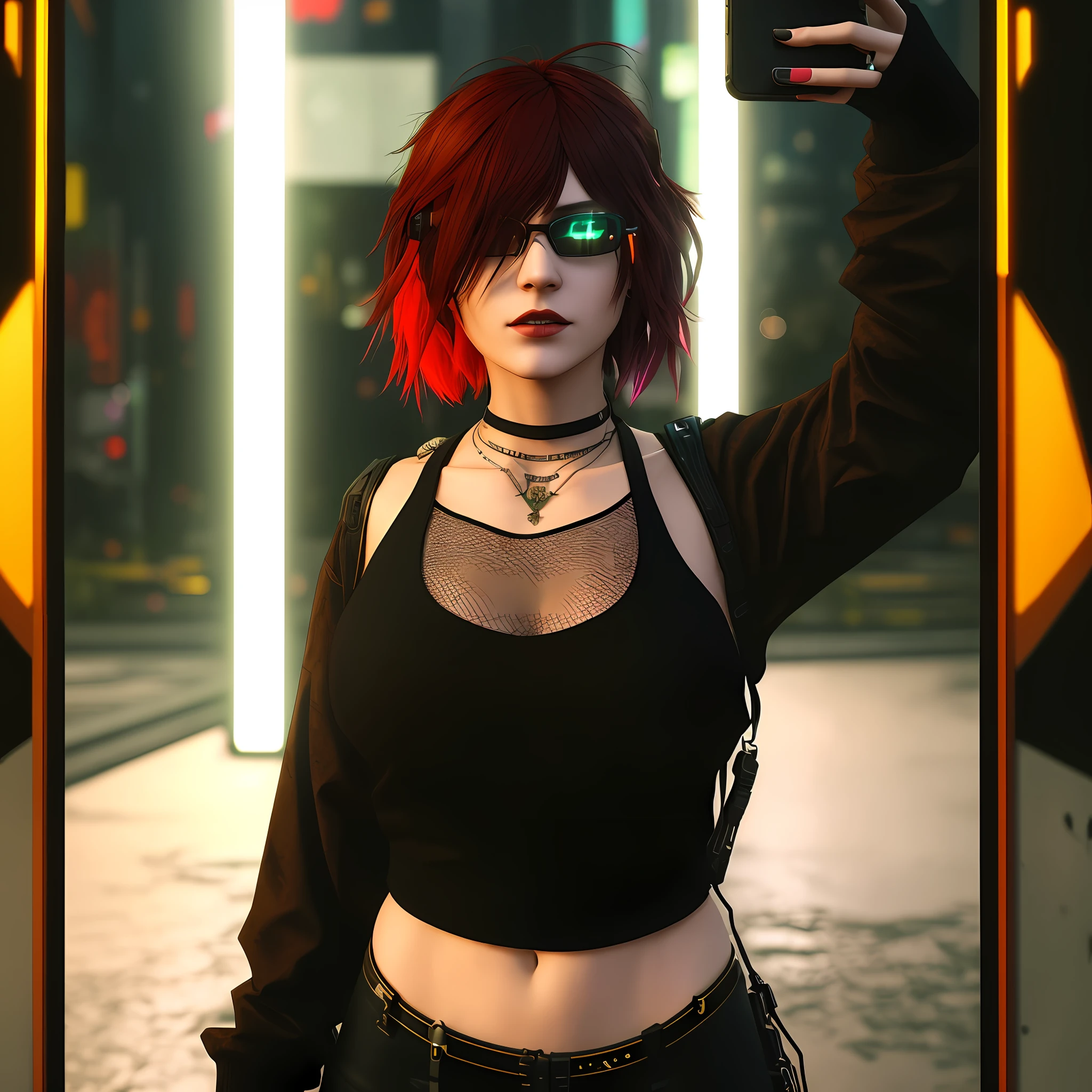 wearing black oval glasses, There's a woman with red hair taking a selfie, mall goth, vibe cyberpunk, in a cyberpunk setting, estilo cyberpunk hiper-realista, em cyberpunk city, roupa cyberpunk, em uma cidade cyberpunk, olhar cyberpunk, menina cyberpunk sonhadora, roupa estilo cyberpunk, Cyberpunk 2 0 e. o modelo menina, cyberpunk vibes, na empresa cyberpunk city, em cyber punk 2077