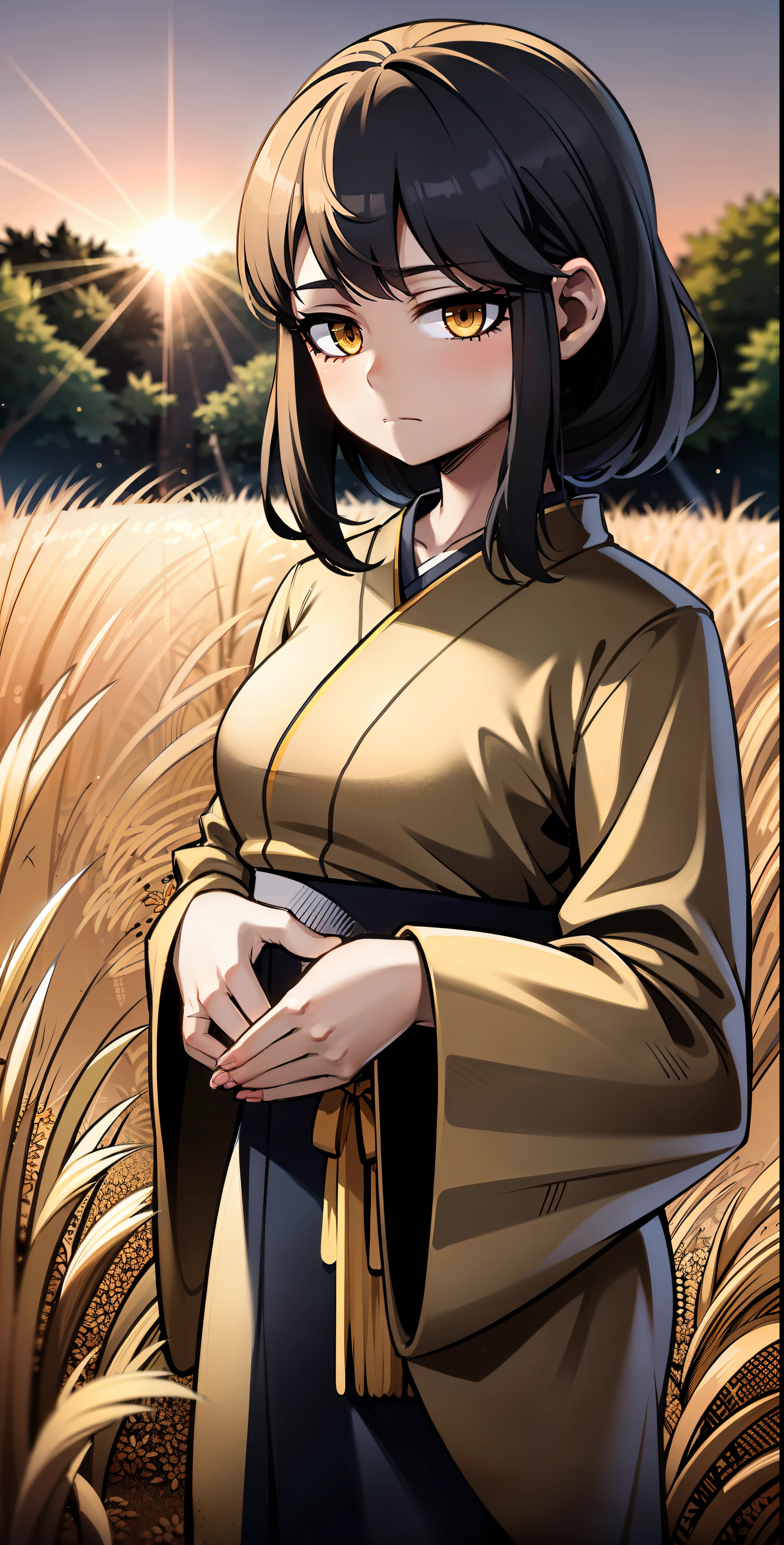 black-haired girl, tail, brown eye, black kimono, Gold Pattern, Gold ribbons, Beautifully Aesthetic, standing in a wheat field, Sunset in the background, tmasterpiece, Emotionless face, looks at the ground,