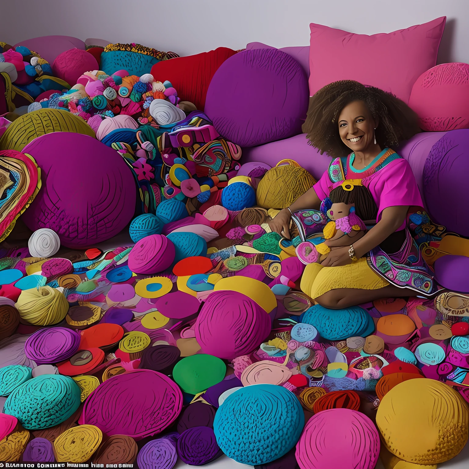 Mostre uma imagem vibrante e com cores fortes de uma mulher com 40 anos sorrindo, surrounded by several colorful and creative crochet pieces that she created herself and embroidering a Barbie on her crochet --auto
