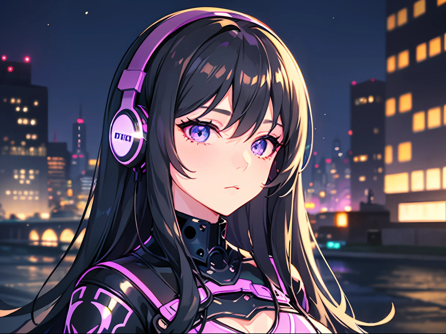 "mature girl, black hair, long hair, blue headphones with rgb light, lilac eyes, latex clothing, city night background blur with lighting blue, blue lighting"