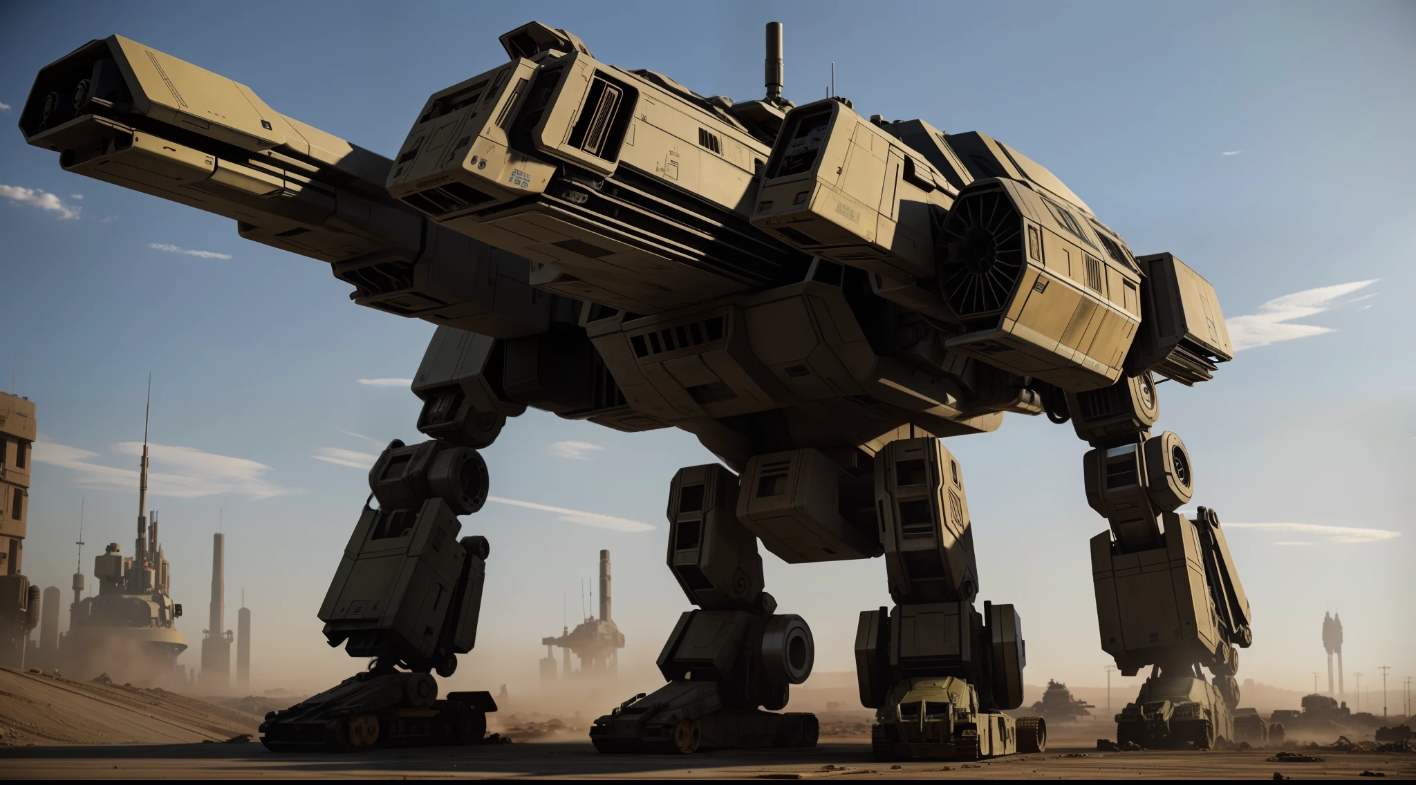 Very realistic high definition movie scene with mecha Aerodynamic war robot with two legs and cybernetic cannons, Dirty and dusty military mecha post-apocalyptic destroyer of the future, inspirado nos filmes Hardware, Star Wars e no game Rage 2, ED-209. cena de filme 4K ultra HD. epic scifi character art, symmetr, with post-apocalyptic style buildings shot with ARRIFLEX 35 camera 35mm lens