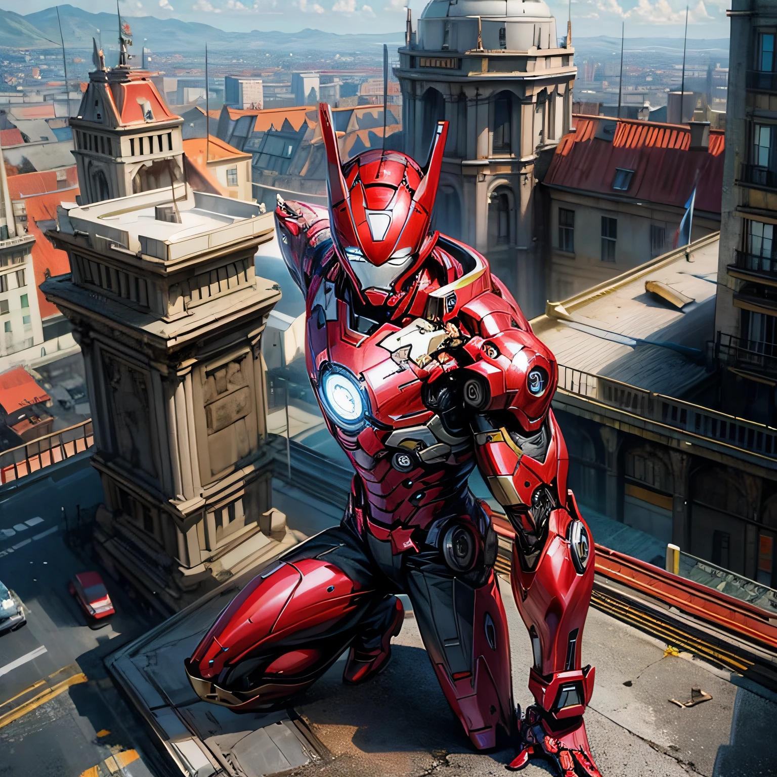 Make Iron Man on top of a building,olhando para o sol --auto
