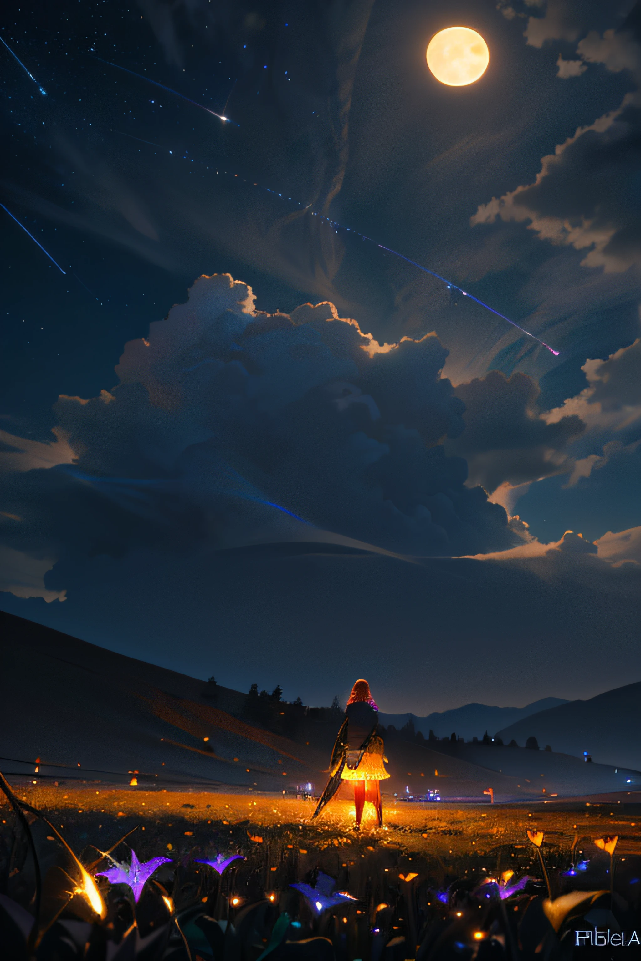 expansive landscape photograph , (a view from below that shows sky above and open field below), a girl standing on flower field looking up, (full moon:1.2), ( shooting stars:0.9), (nebula:1.3), distant mountain, tree BREAK
production art, (warm light source:1.2), (Firefly:1.2), lamp, lot of purple and orange, intricate details, volumetric lighting, realism BREAK
(masterpiece:1.2), (best quality), 4k, ultra-detailed, (dynamic composition:1.4), highly detailed, colorful details,( iridescent colors:1.2), (glowing lighting, atmospheric lighting), dreamy, magical, (solo:1.2)