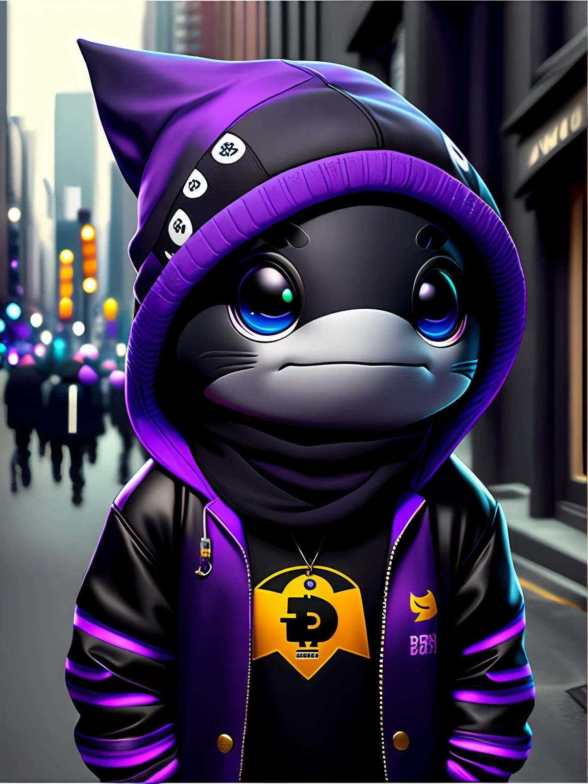 image of a small shark, mascot, colar de bitcoin, with purple hat and black scarf, blue eyes, art station trend, dressed in all black clothes, hyper realistic detailed rendering, urban style, intimidating pose but sweet face, planet of sharks, fashionable clothes, urban samurai, black clothes, black clothes, purple beanie8 1 5, bitcoin