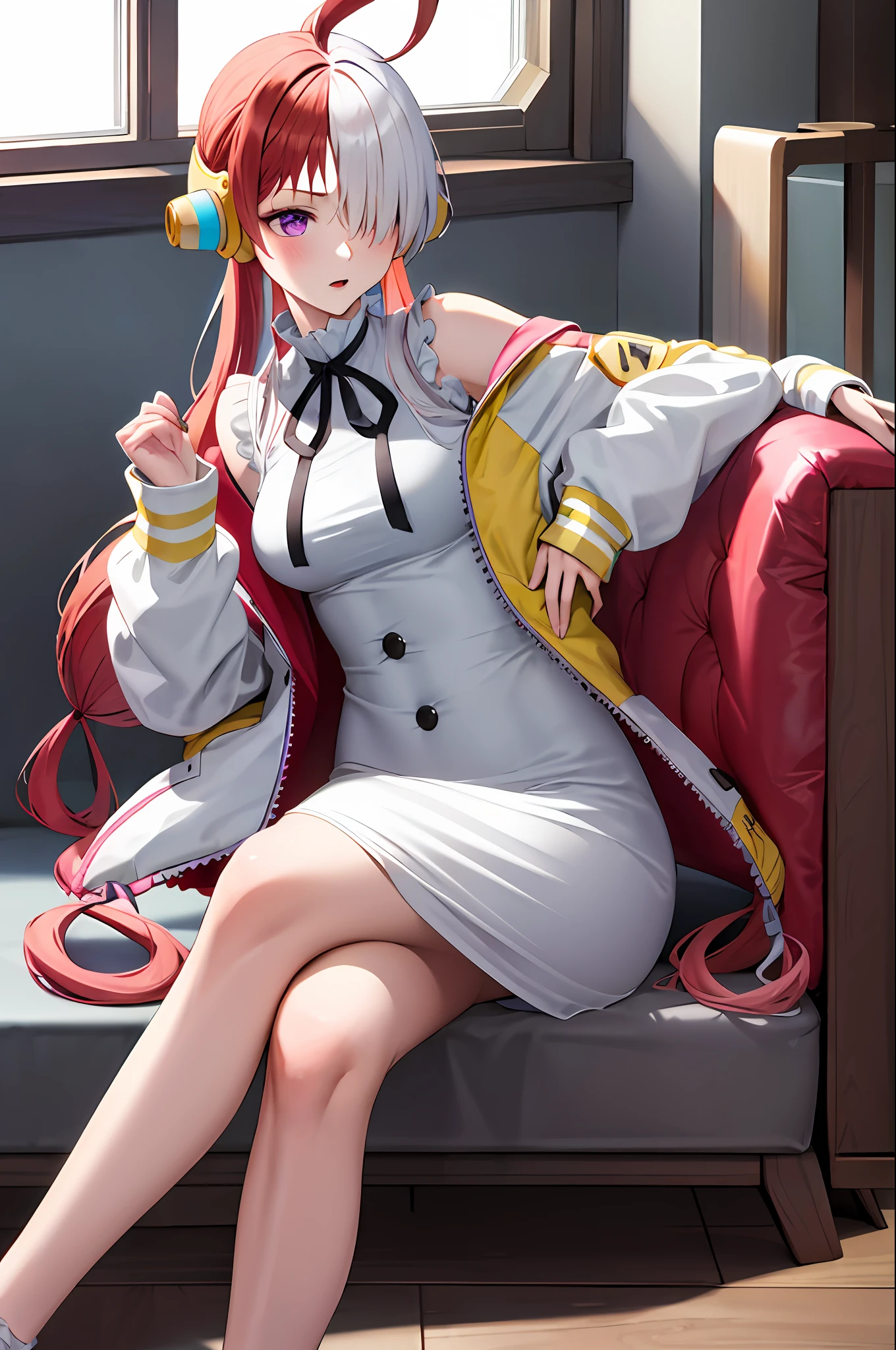 masterpiece, best quality, highres, 1girl, split-color hair, hair over one eye, red hair, multicolored hair, long hair, purple eyes, two-tone hair, hair rings, white dress, headphones, white hair, black ribbon, bangs, very long hair, medium breasts, long sleeeves, open jacket, standing, sitting, crossed legs, indoors,