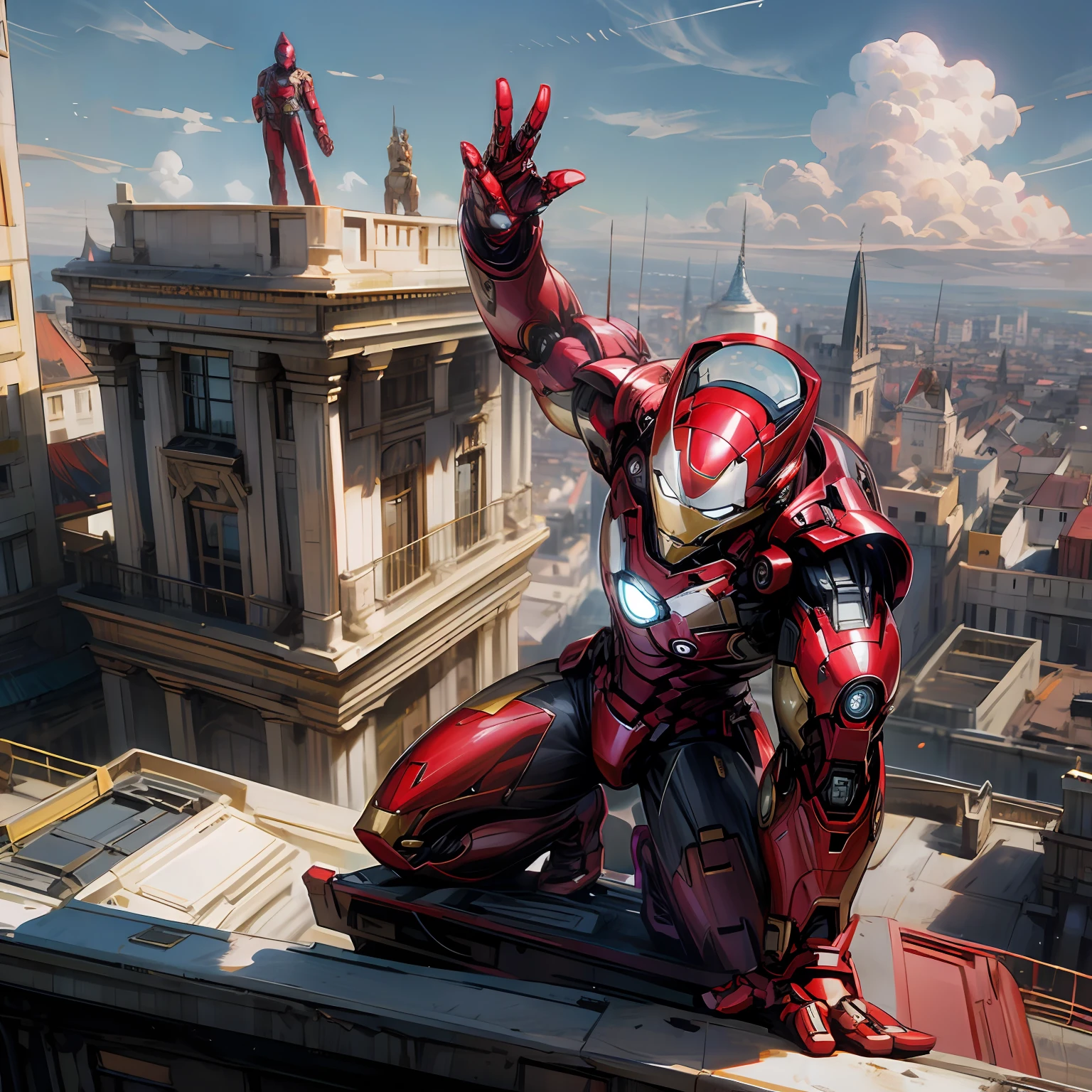 Make Iron Man on top of a building,olhando para o sol --auto