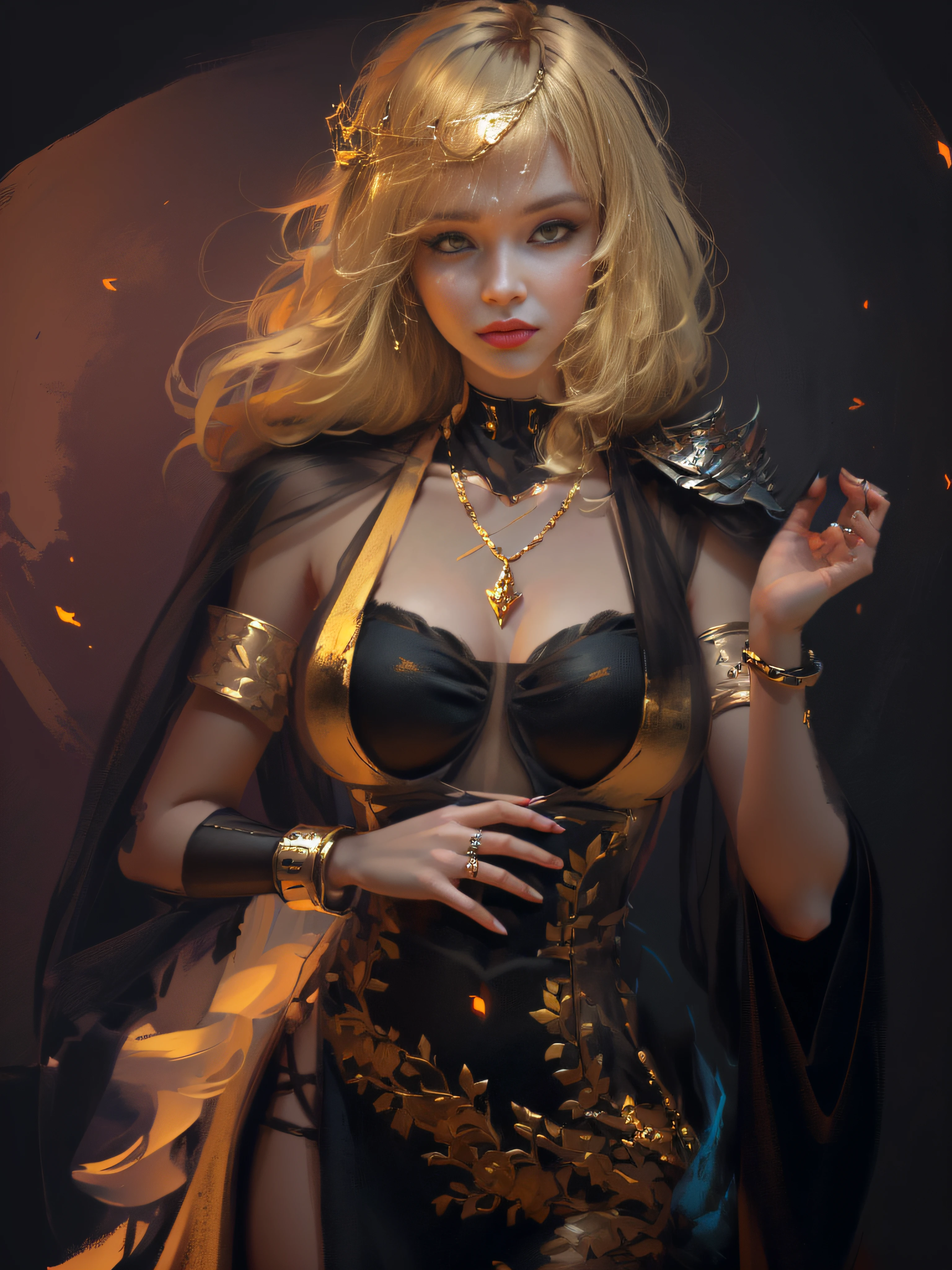 blond haired woman in a black dress with a gold chain around her neck, wlop art, art of wlop, deviantart artstation cgscosiety, inspired by WLOP, intricate wlop, ((a beautiful fantasy empress)), fanart best artstation, epic exquisite character art, wlop |, wlop and artgerm, blonde goddess