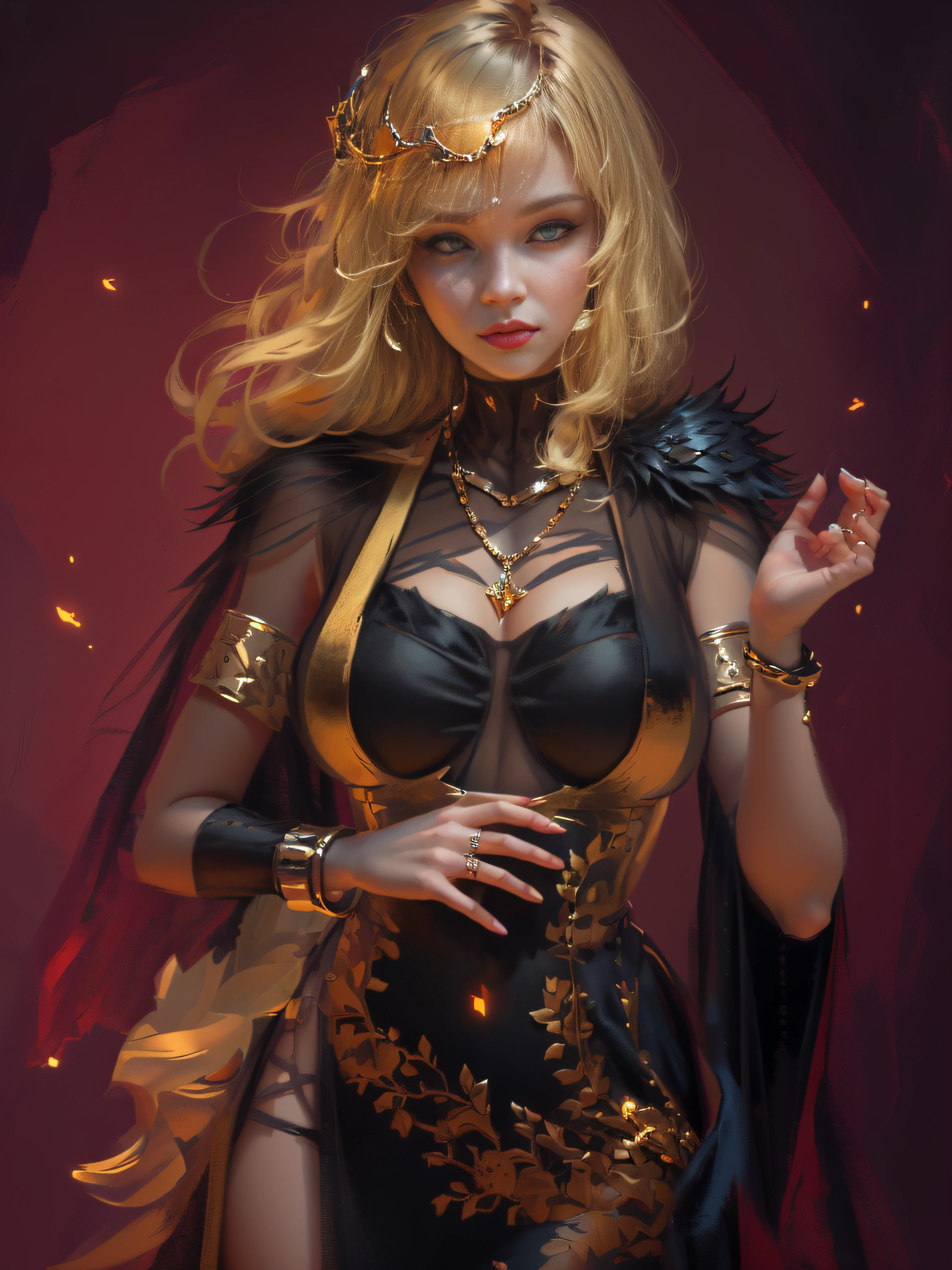 blond haired woman in a black dress with a gold chain around her neck, wlop art, art of wlop, deviantart artstation cgscosiety, inspired by WLOP, intricate wlop, ((a beautiful fantasy empress)), fanart best artstation, epic exquisite character art, wlop |, wlop and artgerm, blonde goddess