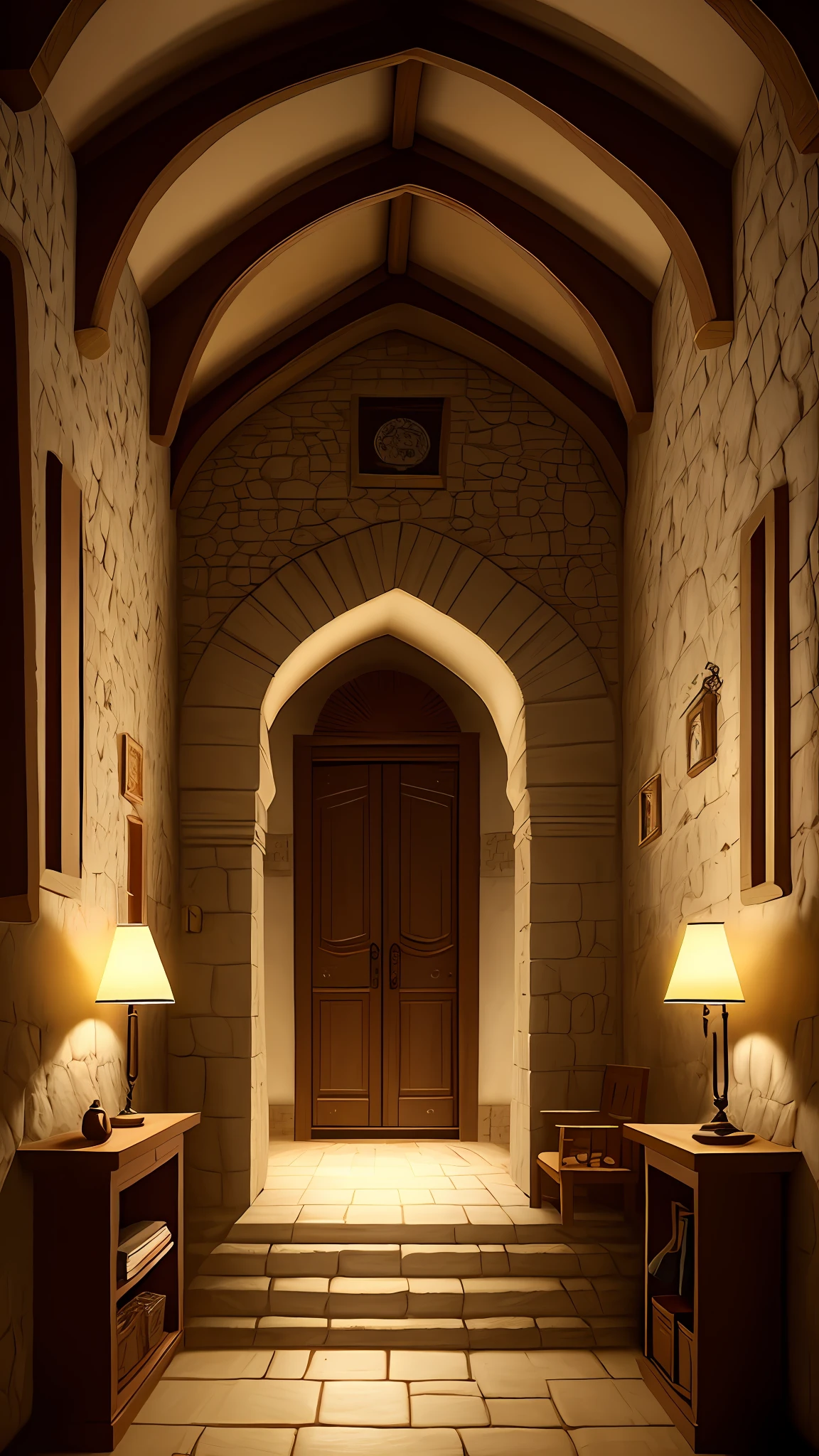 Arte do jogo do interior de uma pousada medieval, alta qualidade, Noite