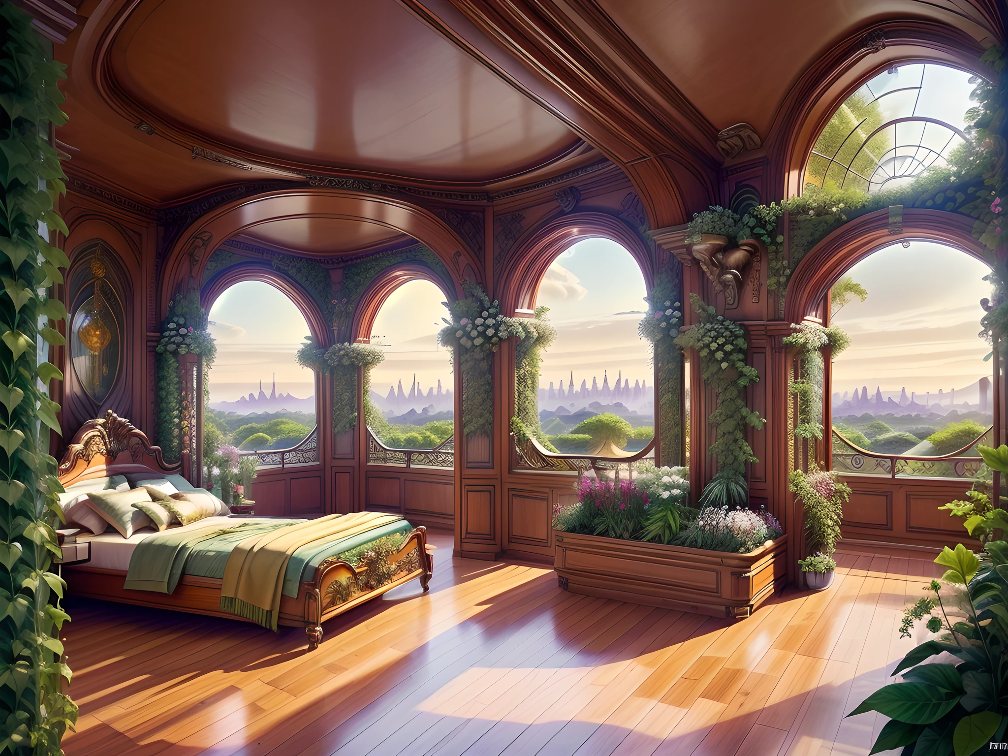 Solarpunk Dreamscape: The Royal Botanical Sanctuary | Generate an ornate botanical bedroom in the style of Versailles in a solarpunk world. There is a giant historical window in the bedroom. The giant French historical window is adorned with intricate carvings and dominates one wall. Through the massive window, a colorful and intricate solarpunk cityscape is visible. The cityscape is bustling and interesting, with many small details and high visual interest. The bedroom is peaceful, with many elegant flowers and flowered ivy among the rich silk fabric and hardwood floor. Take inspiration from rooftop gardens, royal french gardens, beautiful rose gardens, and whimsical fantasy. Include beautiful fantasy details and touches, including fantasy water, books, 3D touches, and delicate tendrils of ivy. Camera: Utilize innovative lighting techniques to emphasize the realism and beauty of the image. Delicate flower petals from floating flowers dance through the air. Utilize dynamic composition to create a compelling image.