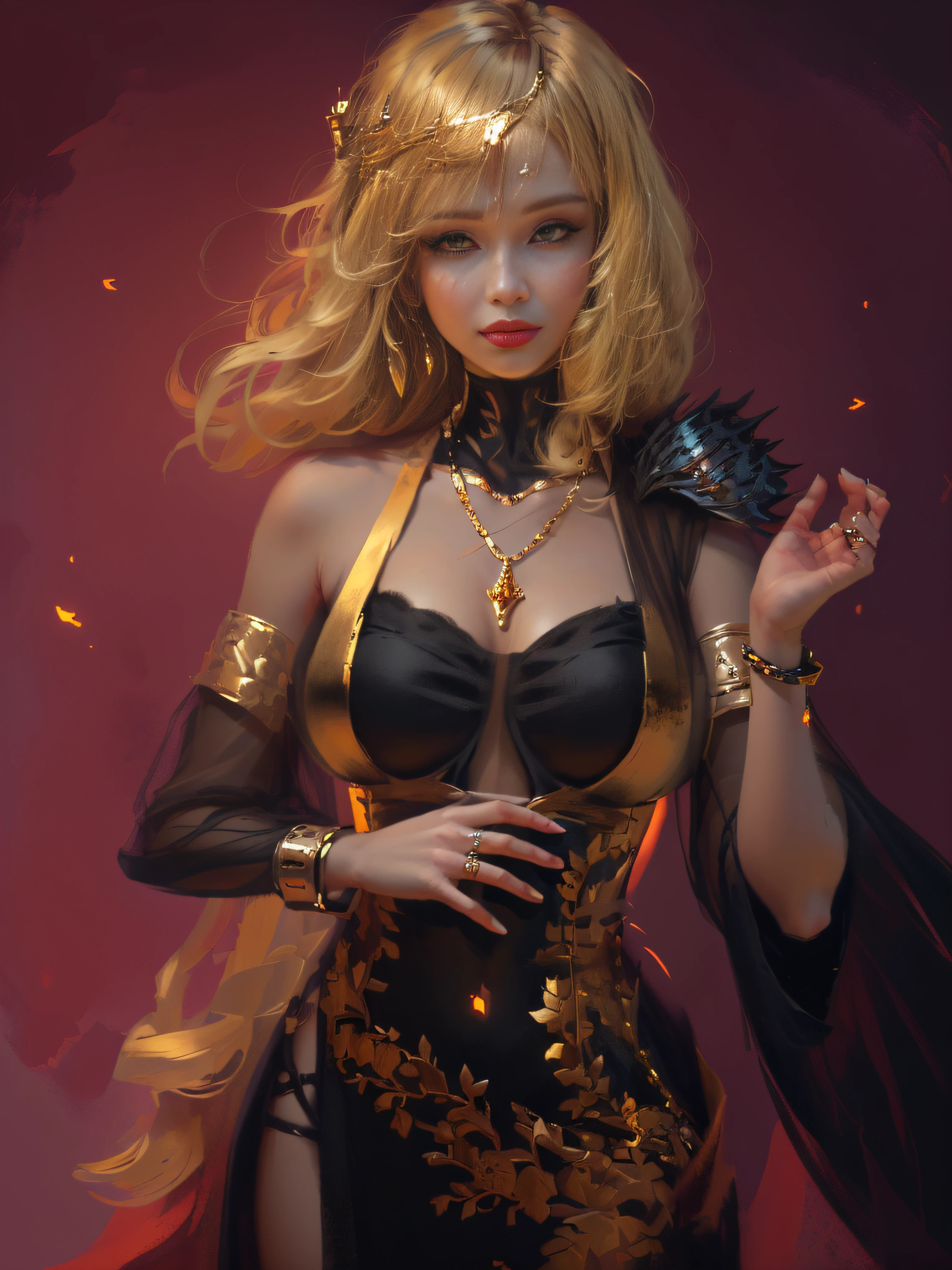 blond haired woman in a black dress with a gold chain around her neck, wlop art, art of wlop, deviantart artstation cgscosiety, inspired by WLOP, intricate wlop, ((a beautiful fantasy empress)), fanart best artstation, epic exquisite character art, wlop |, wlop and artgerm, blonde goddess