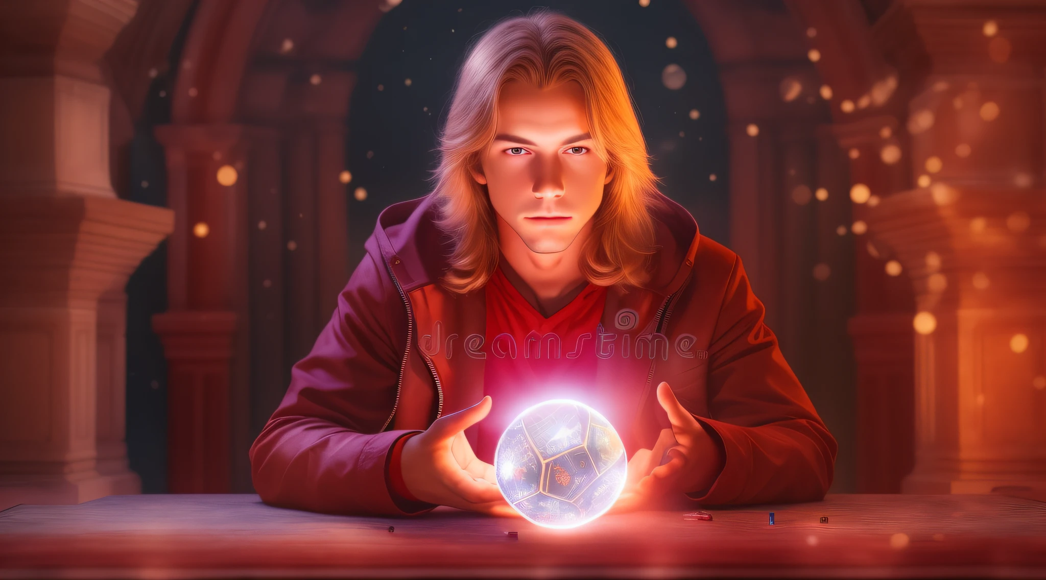REALISTIC PHOTO, CLOSEUP, LONG BLONDE HAIRED BOY IN RED JACKETS, holding a glowing ball in his hands, mage pondering his orb, holding a glowing orb of dice, he is casting a lighting spell, holding a glowing orb, holding a crystal ball, psychic, crystal ball, cool marketing photo, stock photo, predicting the future, stock image, plasma globe, well-lit professional photo, magic,