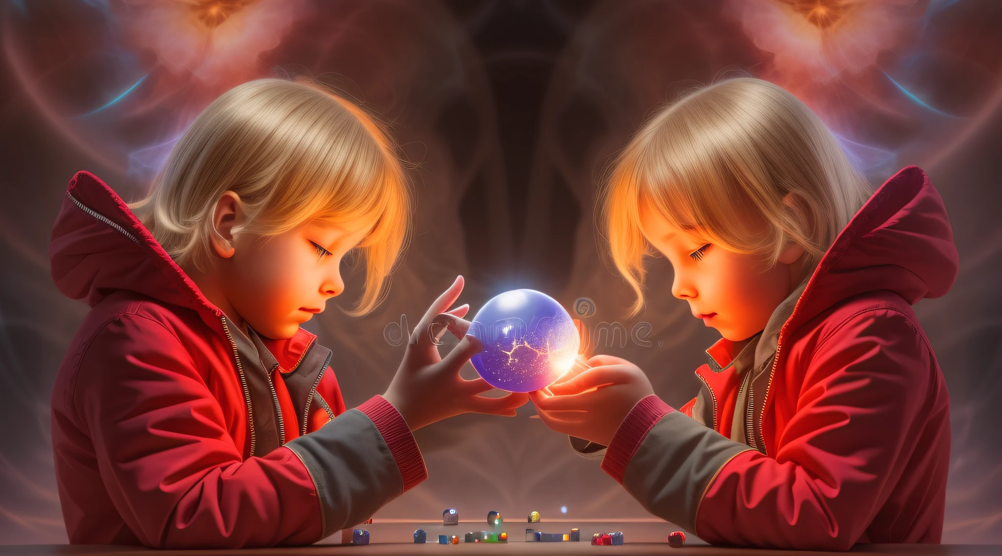 REALISTIC PHOTO, CLOSEUP, LONG BLONDE HAIRED BOY IN RED JACKETS, holding a glowing ball in his hands, mage pondering his orb, holding a glowing orb of dice, he is casting a lighting spell, holding a glowing orb, holding a crystal ball, psychic, crystal ball, cool marketing photo, stock photo,  predicting the future, stock image, plasma globe, well-lit professional photo, magic,