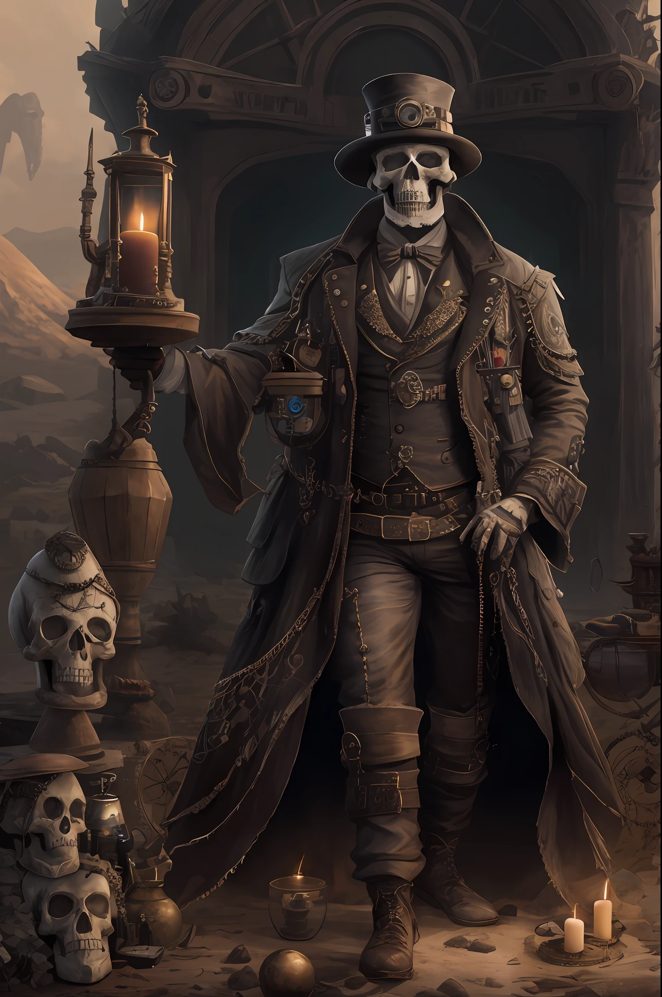 pessoas sentadas, Cadaveric appearance, vestes pretas, terno, cartola, garrafas, vinhos, velas cor branca, desert place, funereal, arte conceitual, steampunk, a noite escura. ultra realista 8k