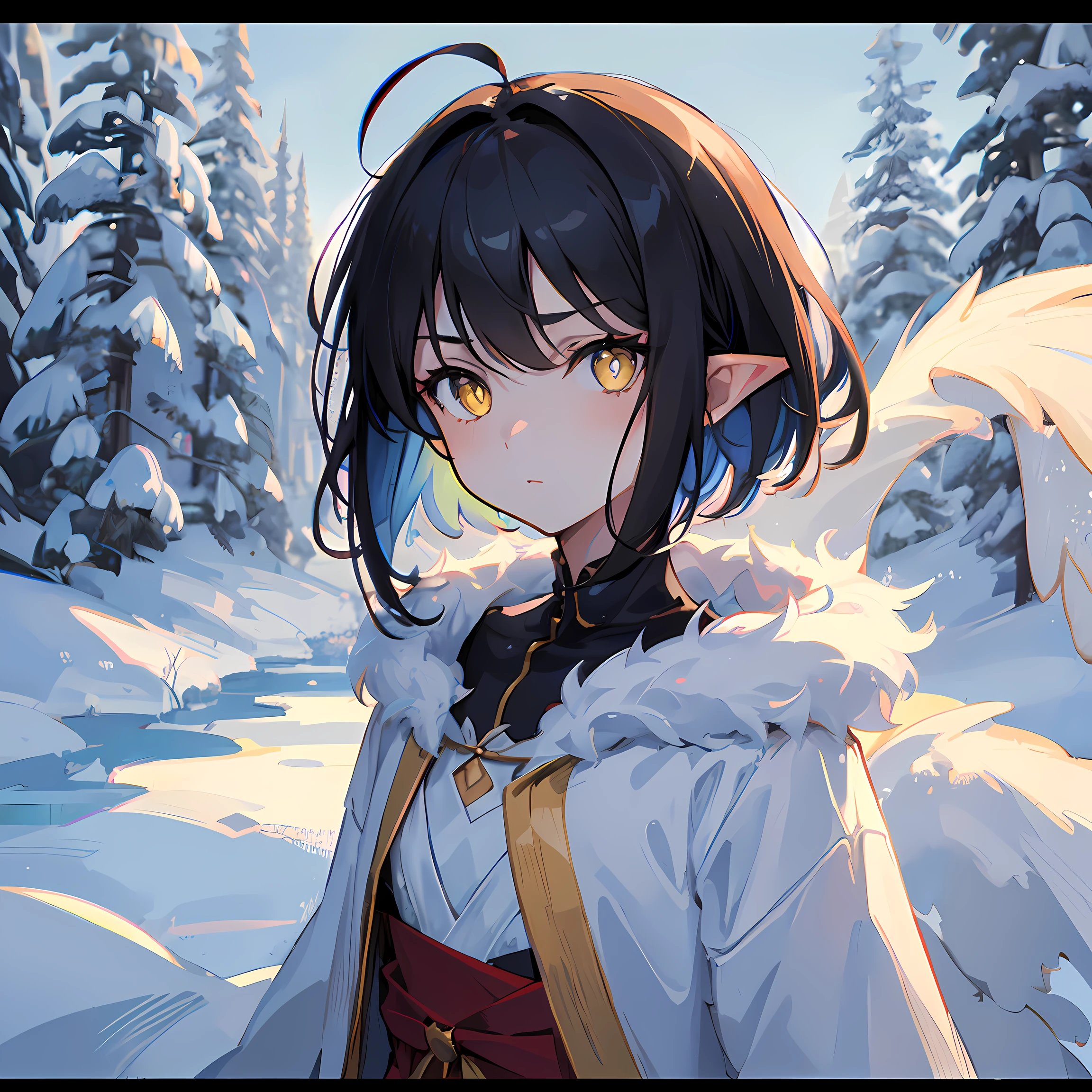 1girl, solo, standing, harpy, feather ears, black hair, short hair, inverted bob cut, yellow eyes, slit pupils, beautiful detailed eyes, small chest, petite, face only, portrait, serious, looking at viewer, small chest, messy hair, ahoge, big hair ahoge, medieval clothes, fur clothes, snow forest, winter forest, masterpiece, illustration, portrait, sketch, sketch lines, anime official art, chromatic aberration,