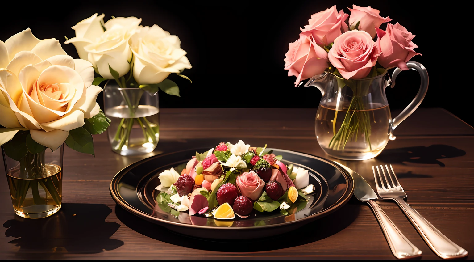 A plate of rose salad on the table, with fork and knife, glass of wine, jug with roses on the table, colorful, yang08k, photography, beautiful, black background, masterpieces, top quality, best quality, official art, beautiful and aesthetic, realistic,